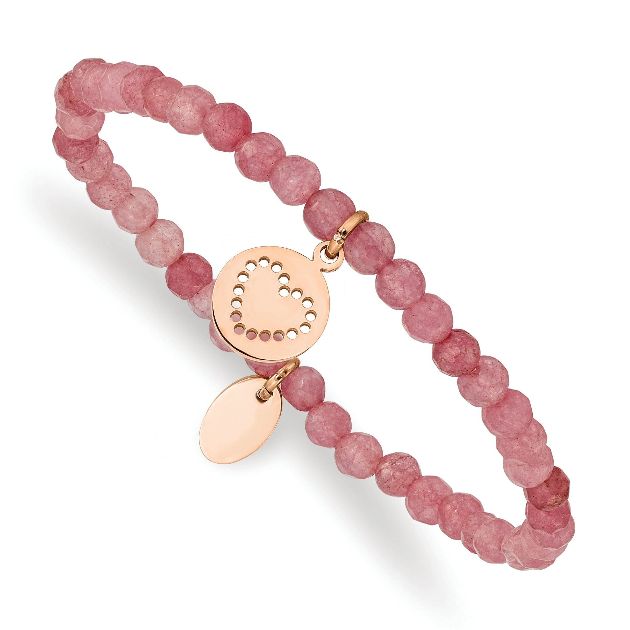 Stainless Steel Polished Rose IP-plated Heart 4mm Pink Jade Beaded Stretch Bracelet for Women Main image
