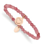 Stainless Steel Polished Rose IP-plated Heart 4mm Pink Jade Beaded Stretch Bracelet for Women