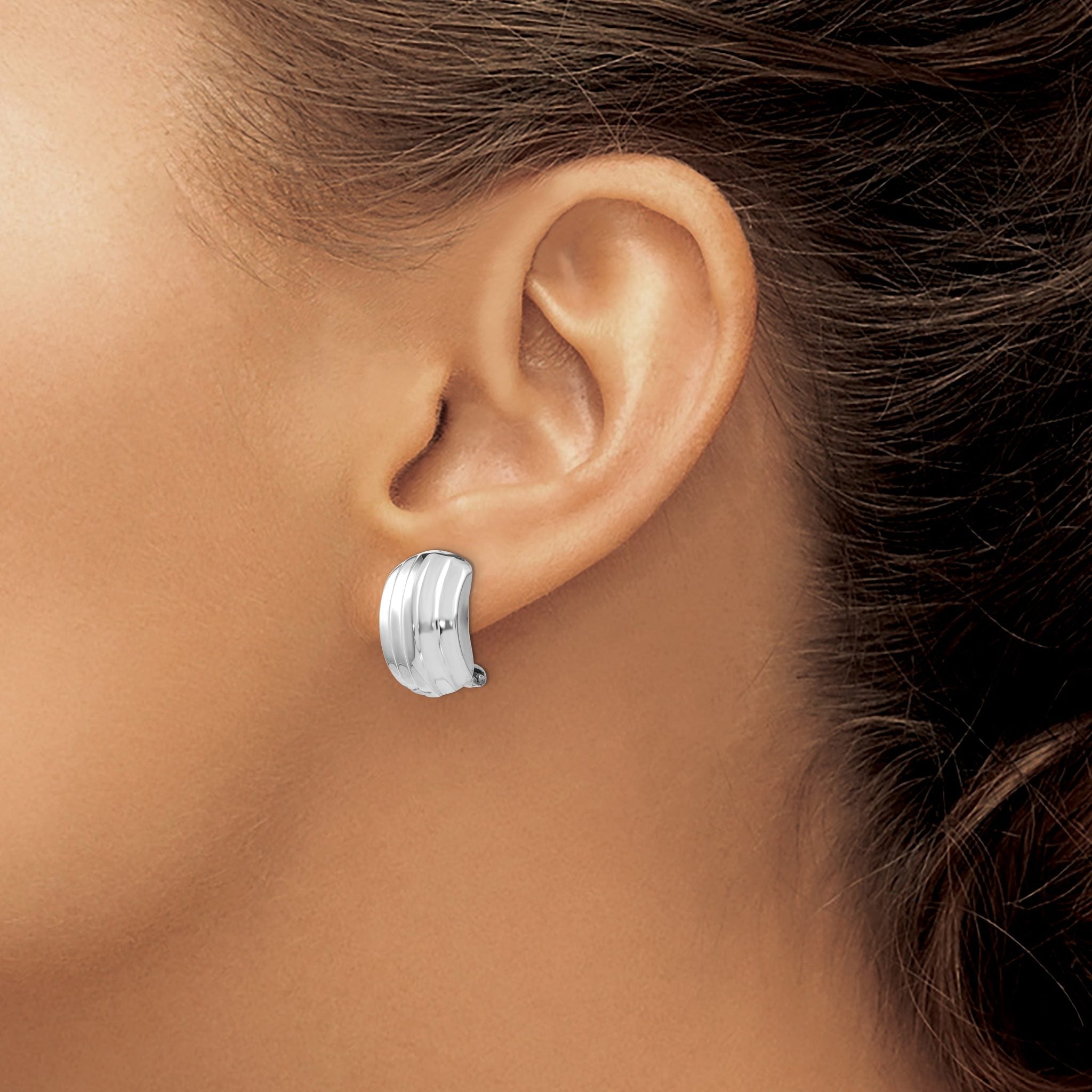 14K White Gold Ribbed Omega Back Earrings with Polished Finish for Non-Pierced Ears