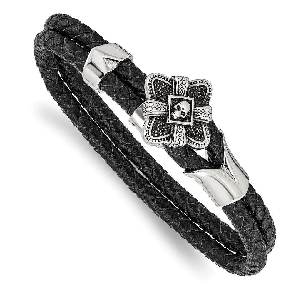 Stainless Steel Antiqued & Polished with Cubic Zirconia Skull Leather Bracelet for Men