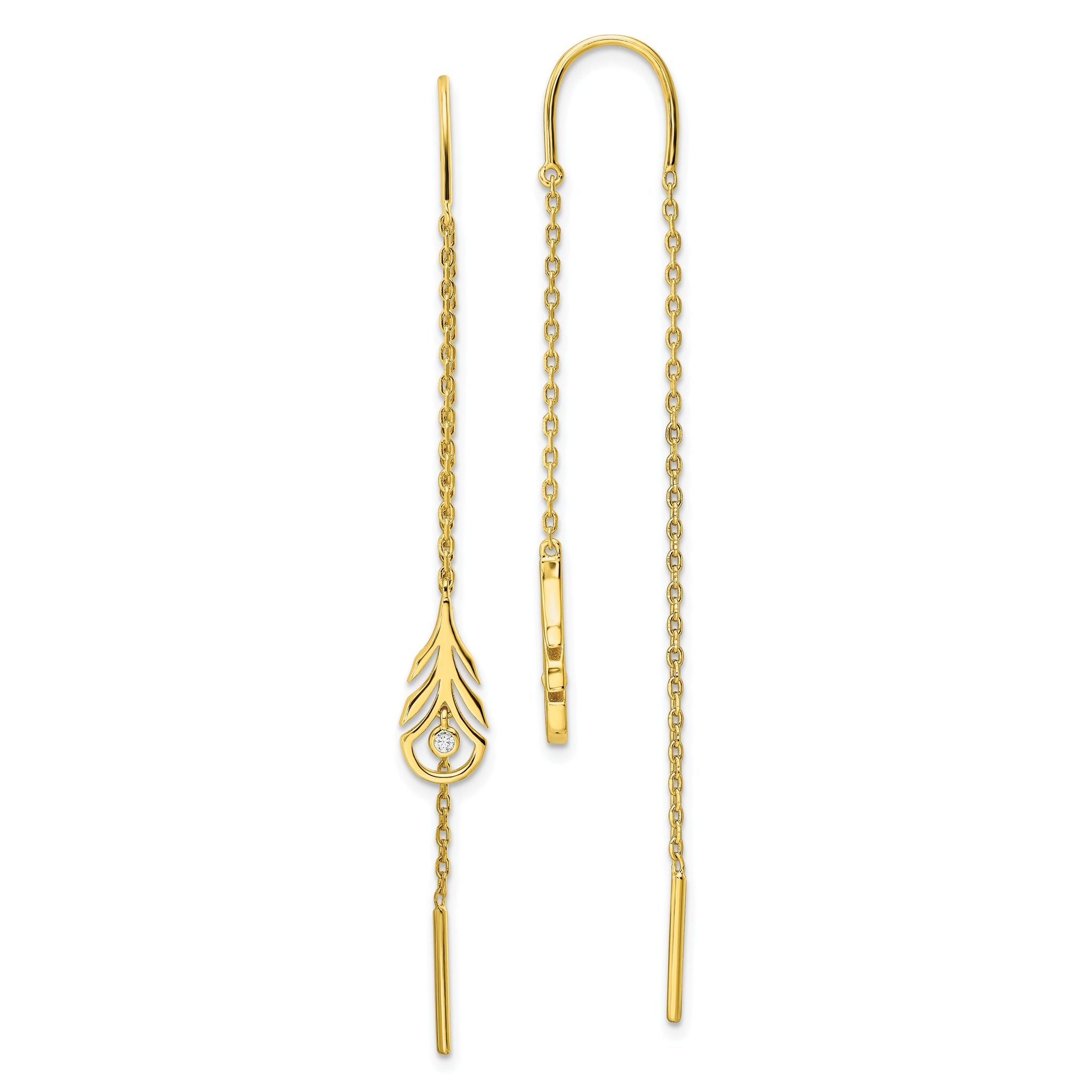 Sterling Silver Gold-tone Polished CZ Feather Threader Earrings Main image