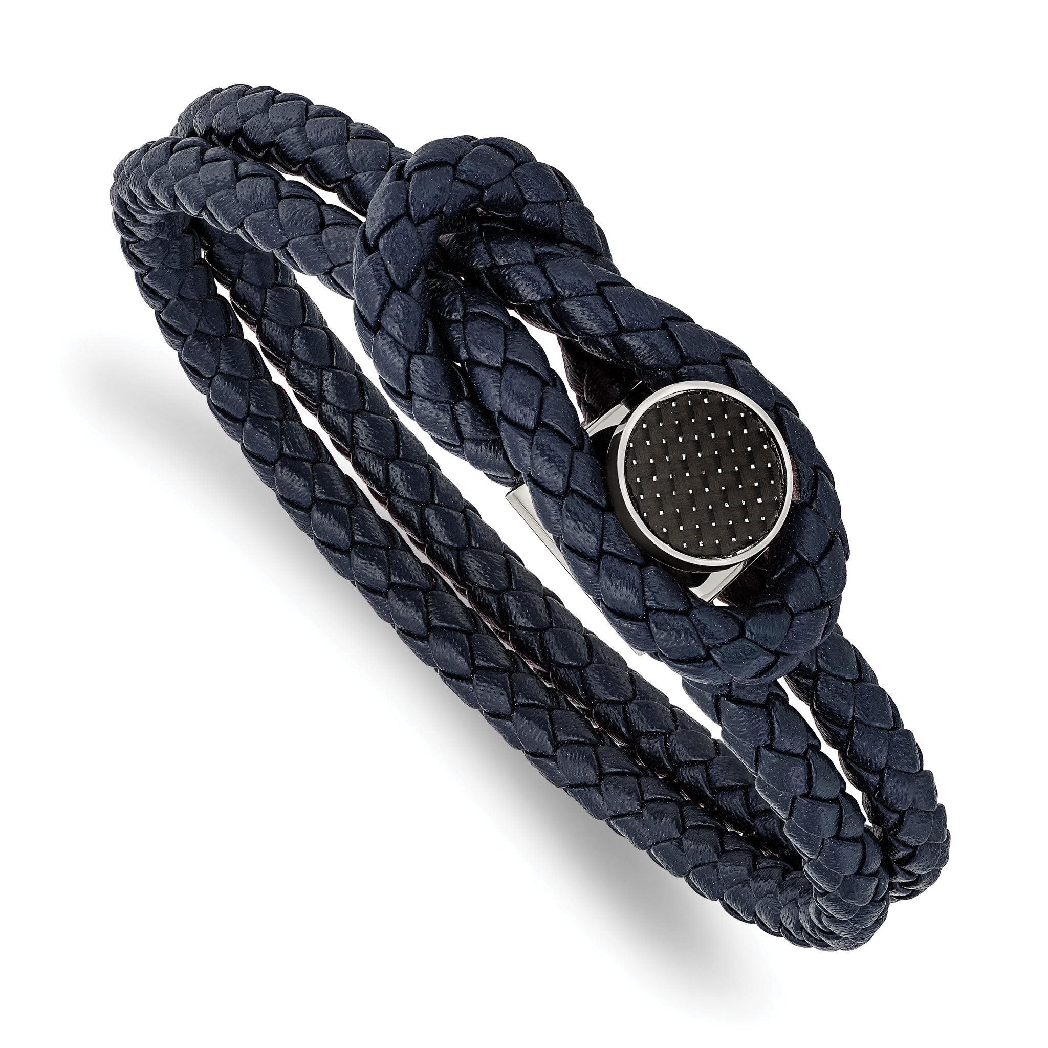 Stainless Steel Polished with Black Carbon Fiber Inlay Navy Blue Braided Leather Bracelet for Men Main image