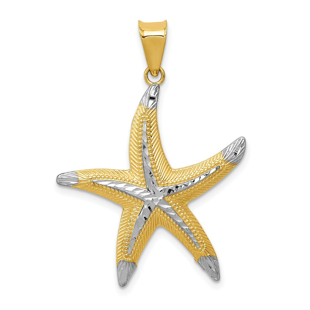 14K Gold Rhodium Diamond-Cut Starfish Pendant for Men  Polished Solid Design