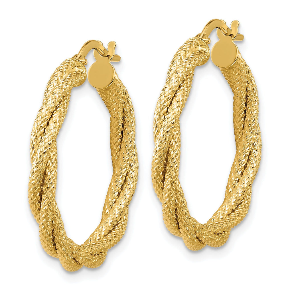 14K Polished and Textured Twisted Round Hoop Earrings