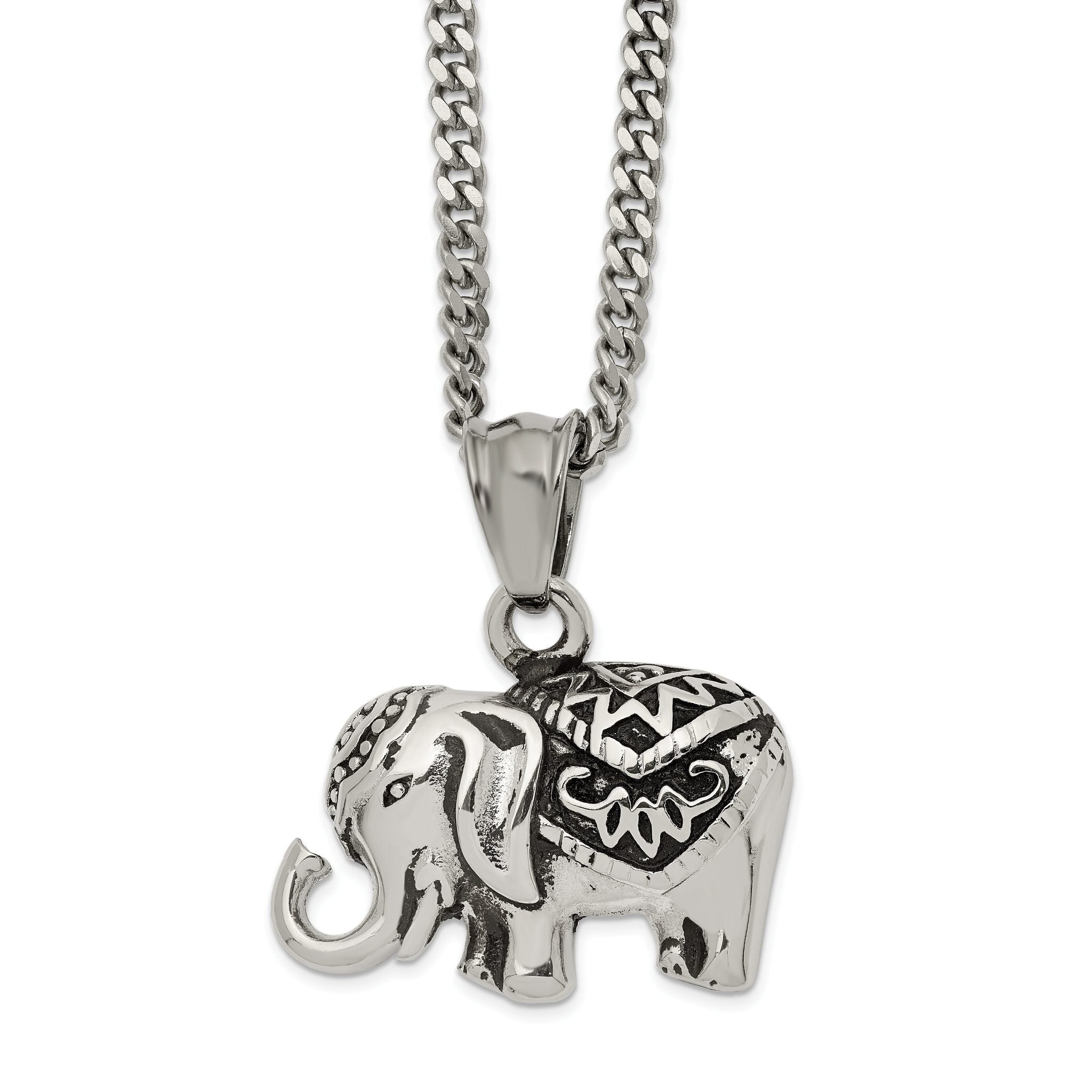 Chisel Stainless Steel Antiqued and Polished Elephant Pendant on a 20 inch Curb Chain Necklace Main image