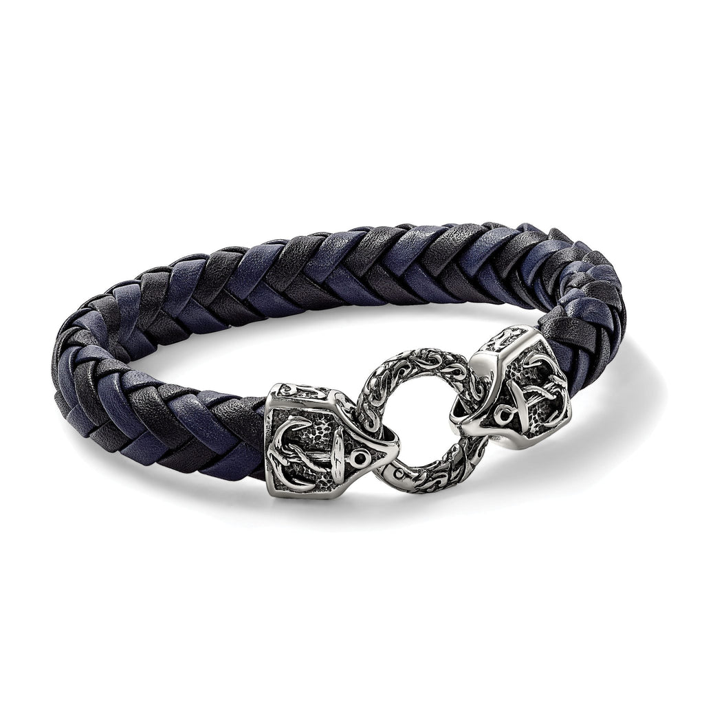 Stainless Steel Antiqued and Polished Black and Blue Braided Leather Bracelet for Men