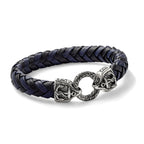 Stainless Steel Antiqued and Polished Black and Blue Braided Leather Bracelet for Men