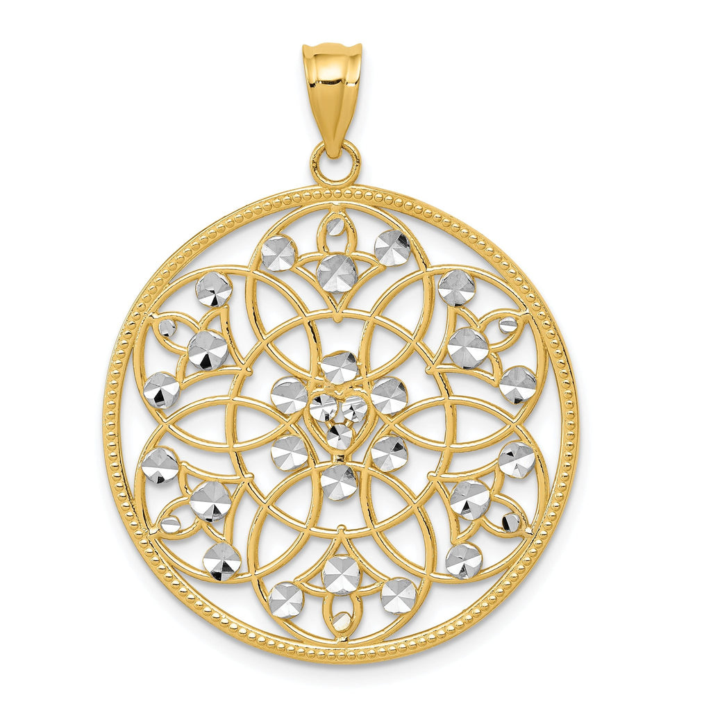 14K Gold and Rhodium Diamond-Cut Circle Pendant, Elegant Textured Design