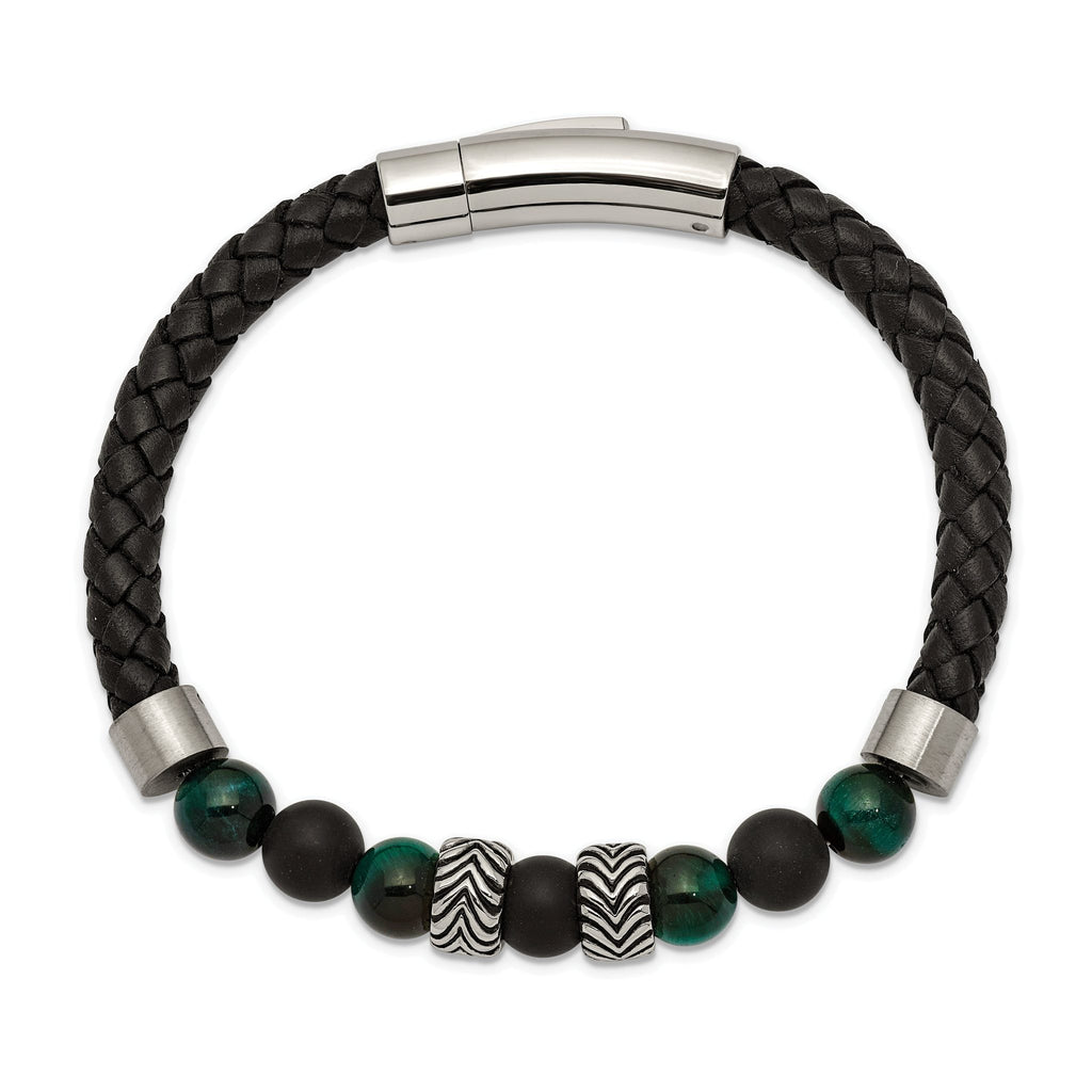 Stainless Steel Antiqued and Polished Black Agate and Green Tiger's Eye Beads Black Leather Bracelet for Men