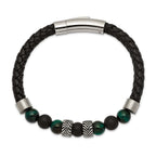 Stainless Steel Antiqued and Polished Black Agate and Green Tiger's Eye Beads Black Leather Bracelet for Men