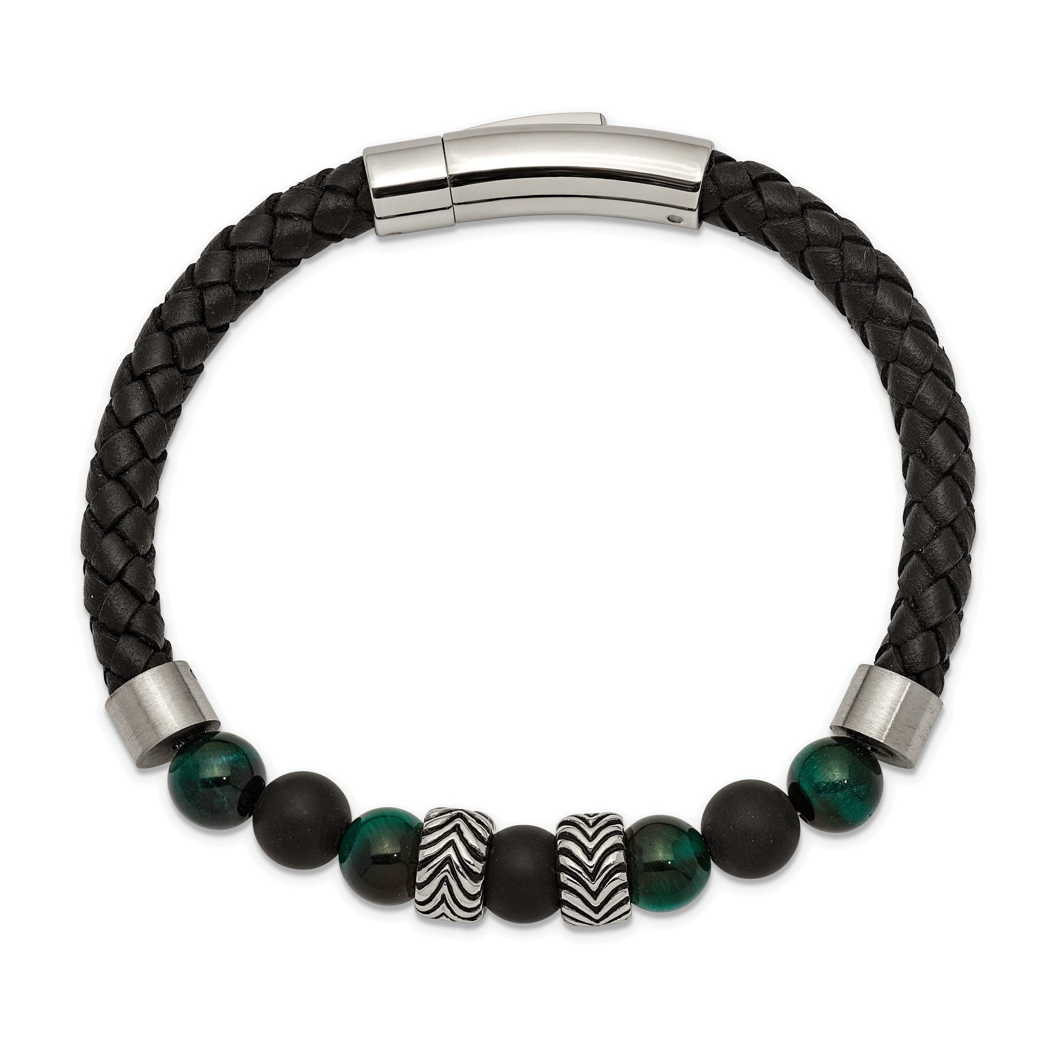 Stainless Steel Antiqued and Polished Black Agate and Green Tiger's Eye Beads Black Leather Bracelet for Men