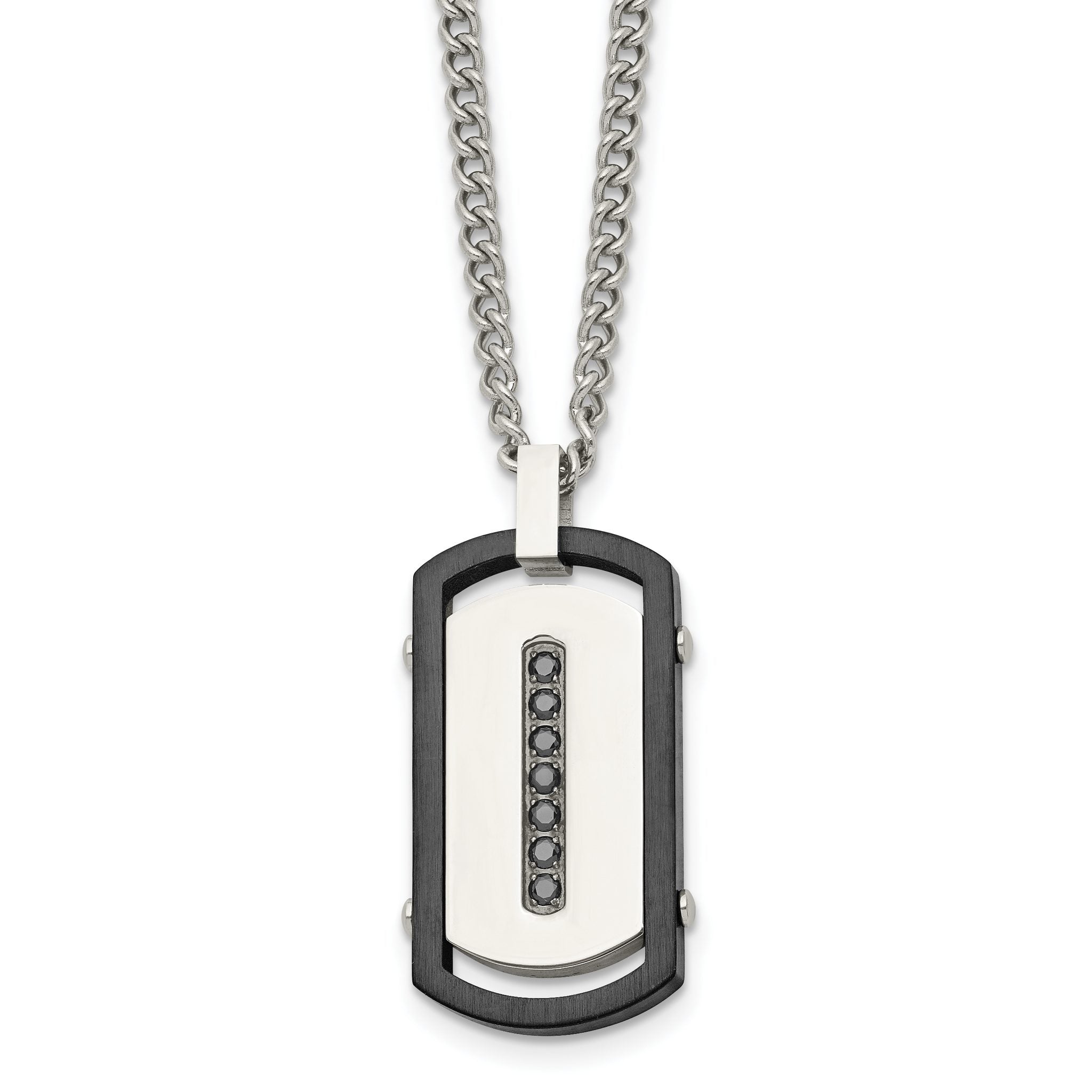Stainless Steel Brushed/Polished Black IP Rim w/Black CZ Dog Tag Necklace Main image