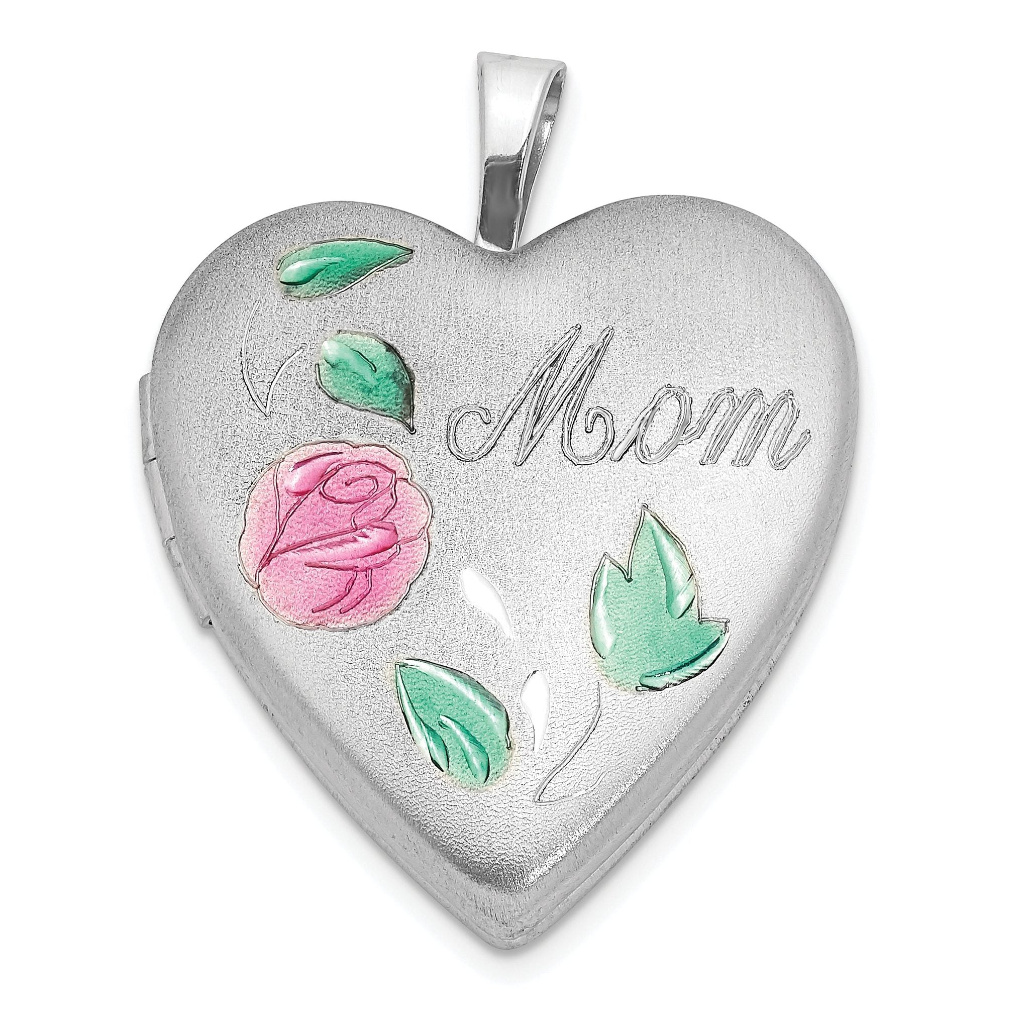 Sterling Silver Rhodium-plated Enameled Flower w/ Mom 20mm Heart Locket Main image