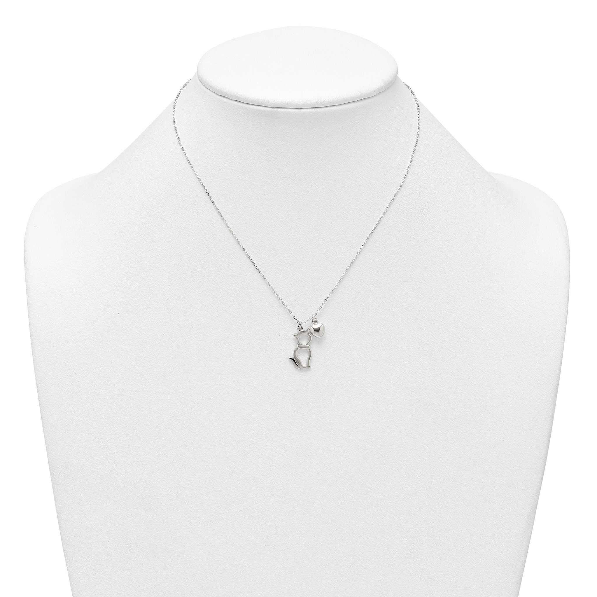 Sterling Silver Polished Cat Silhouette and Puffed Heart Charm 16 inch Necklace