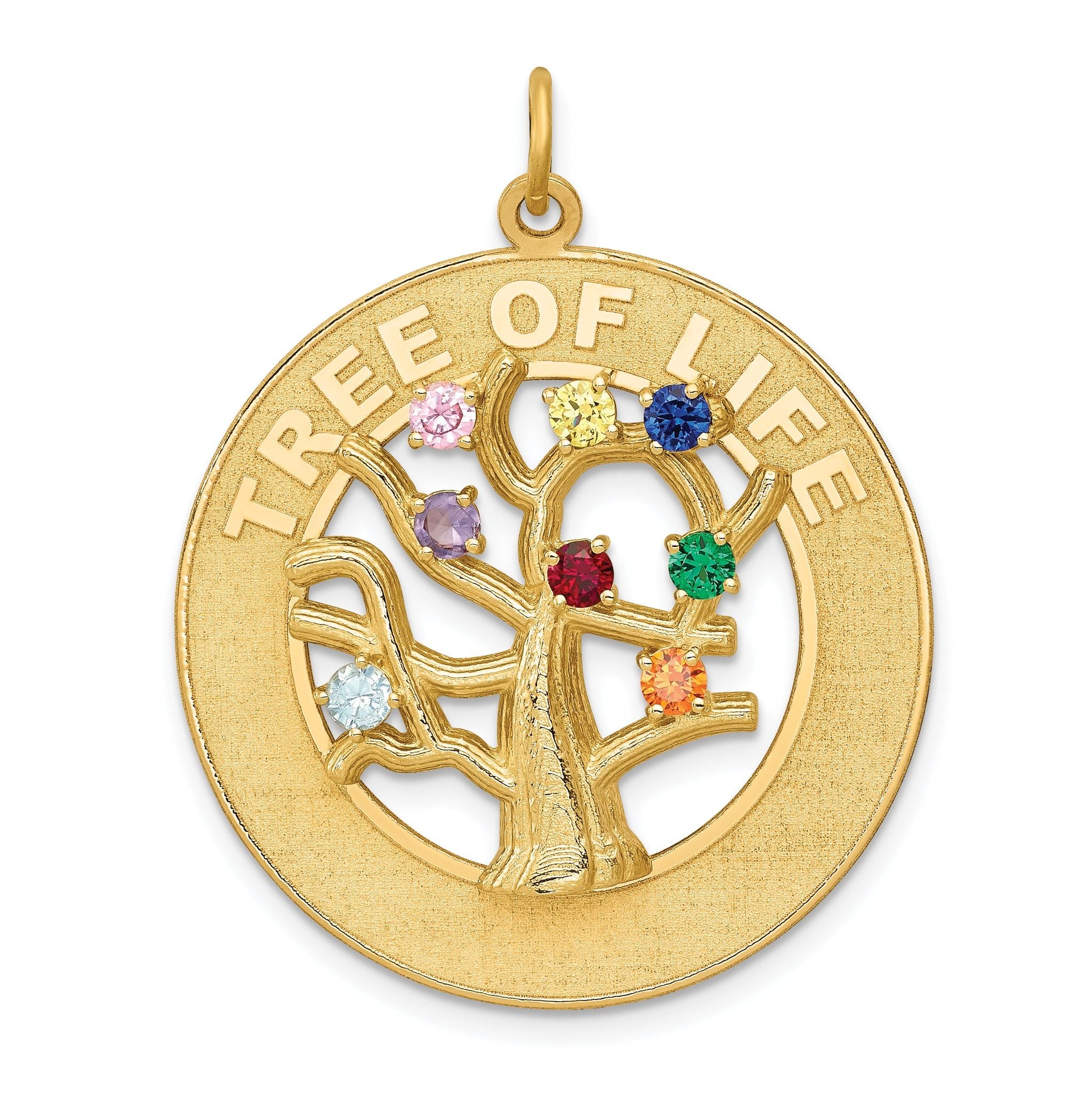 14K Gold Tree of Life Pendant with Colorful CZ Birthstones Polished Finish