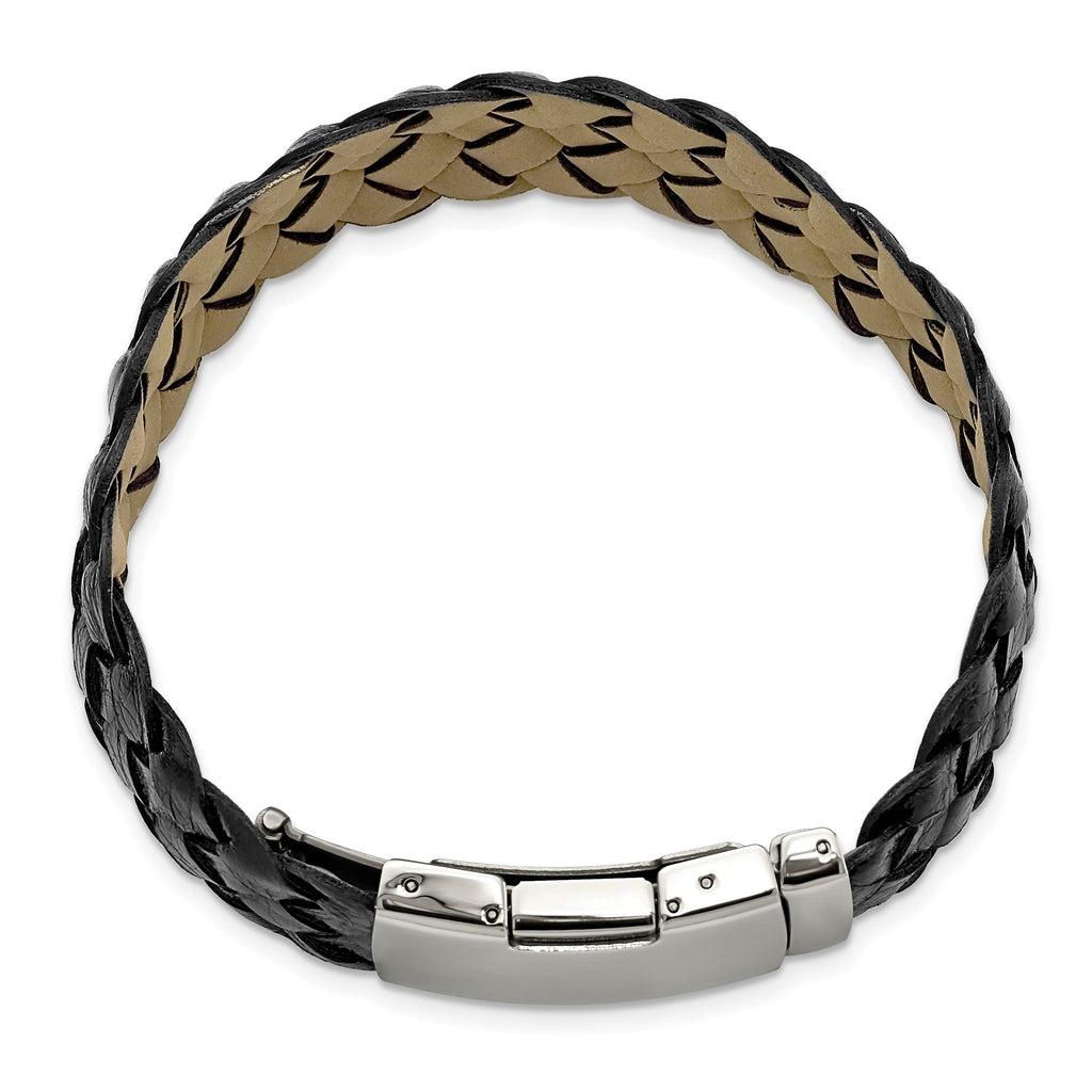 Stainless Steel Polished Black Leather Bracelet for Men