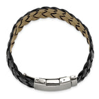 Stainless Steel Polished Black Leather Bracelet for Men