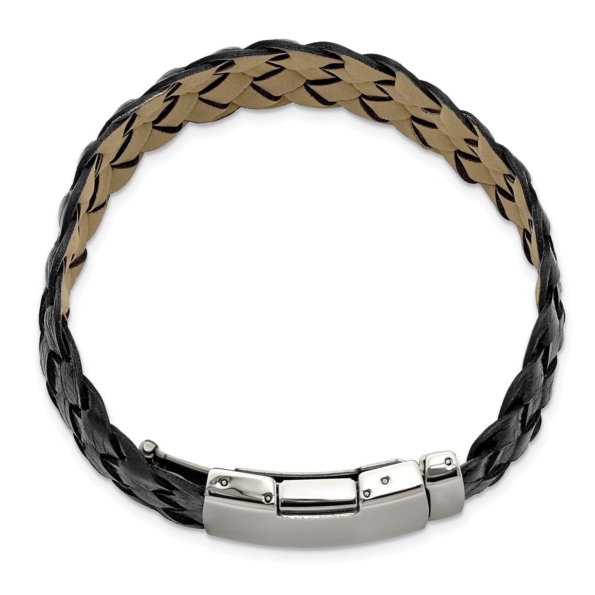 Stainless Steel Polished Black Leather Bracelet for Men