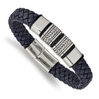 Stainless Steel Antiqued and Polished Braided Blue Leather with Black Silicone Bracelet for Men