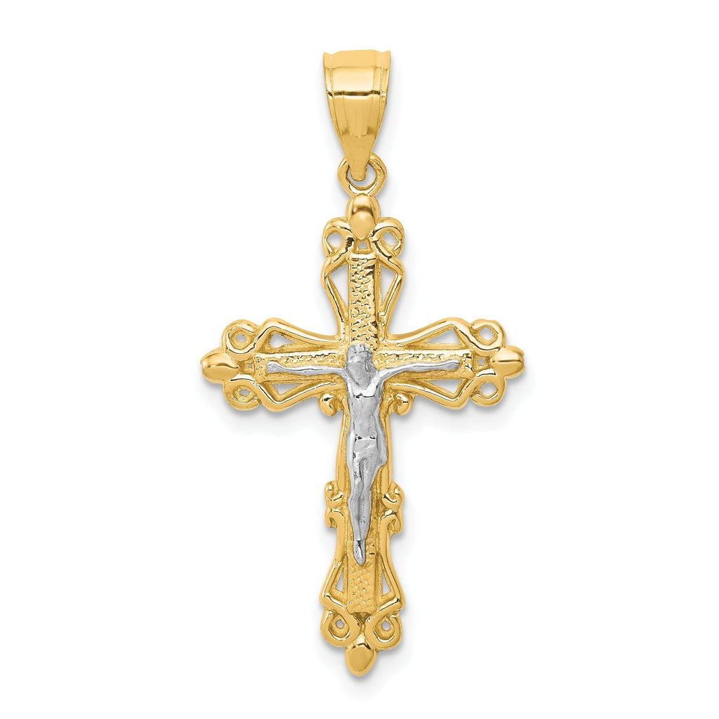 10K Gold Crucifix Pendant with Rhodium Accents, Polished Finish