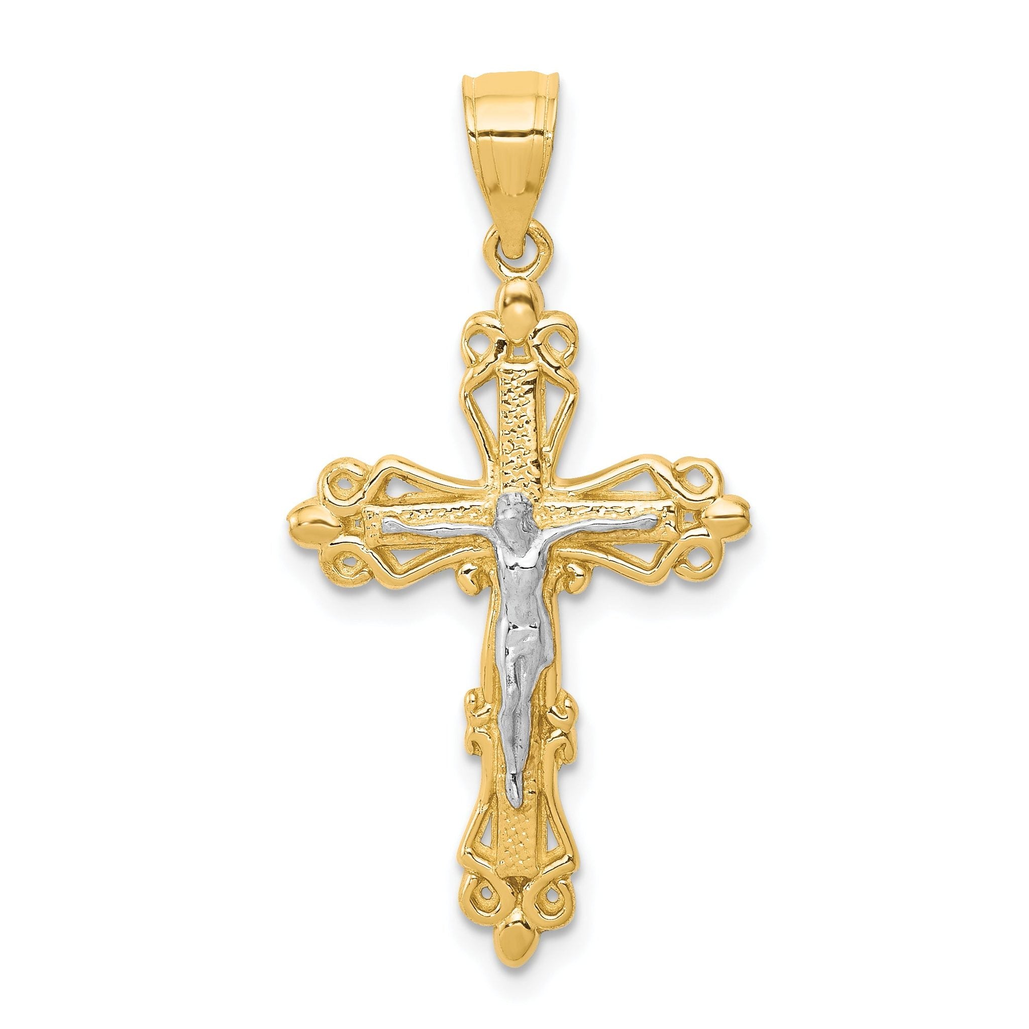 10K Gold Crucifix Pendant with Rhodium Accents, Polished Finish
