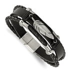 Stainless Steel Polished Feather Multi Strand Black Leather Bracelet