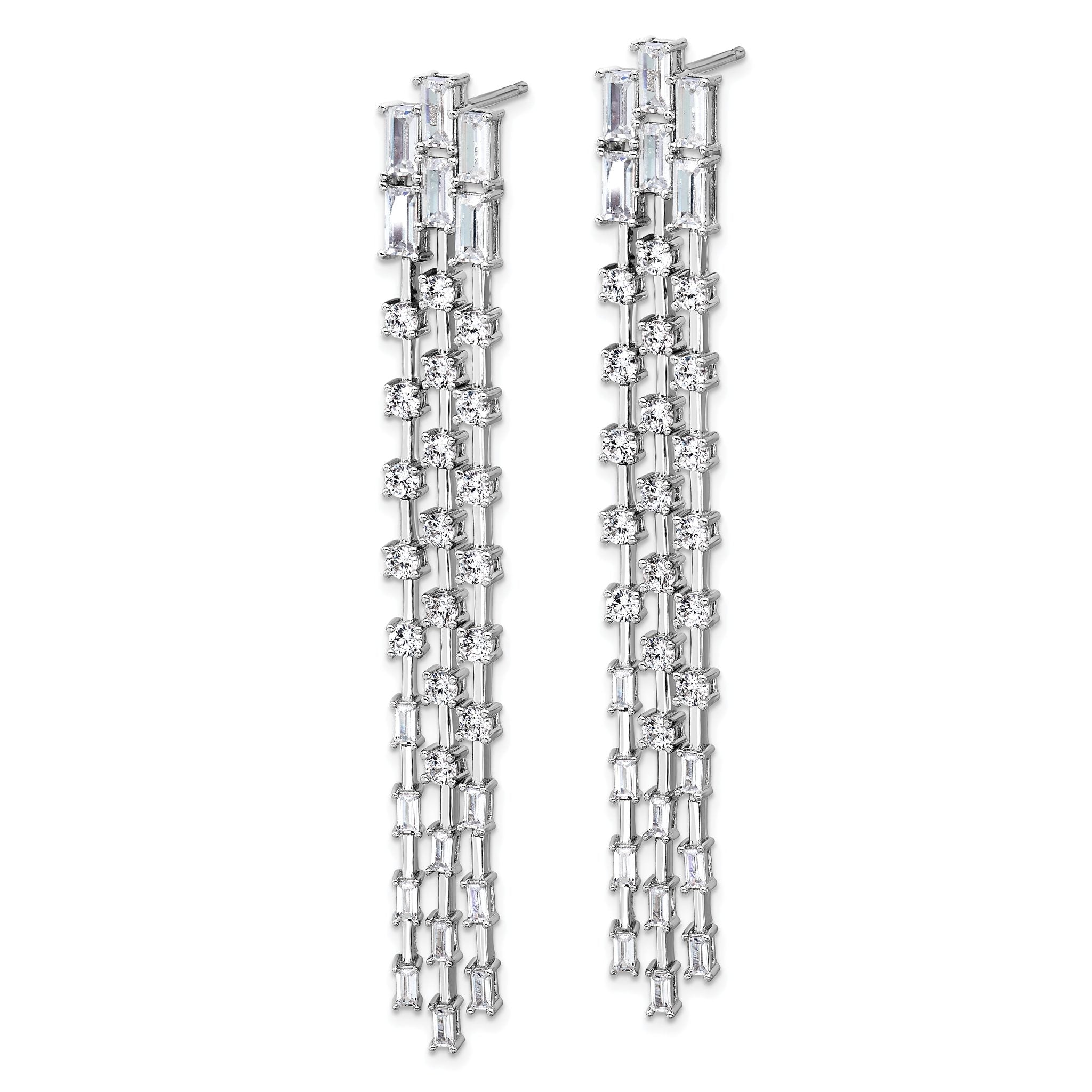 Cheryl M Sterling Silver Rhodium-plated Polished Fancy 3-Row CZ Post Dangle Earrings Secondary image