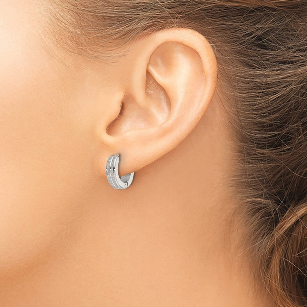 Stainless Steel Polished & Laser Design Hinged Huggie Hoop Earrings