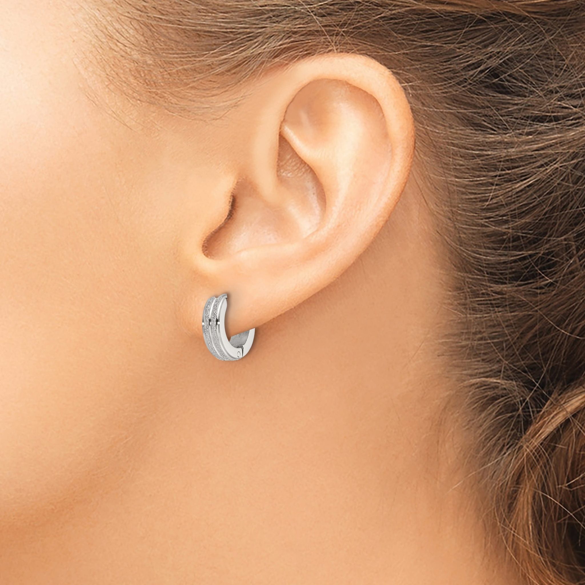 Stainless Steel Polished & Laser Design Hinged Huggie Hoop Earrings