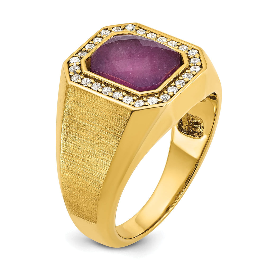 14k Mens Satin Octagon Ruby Doublet Stone and 1/4 carat Diamond Complete Ring