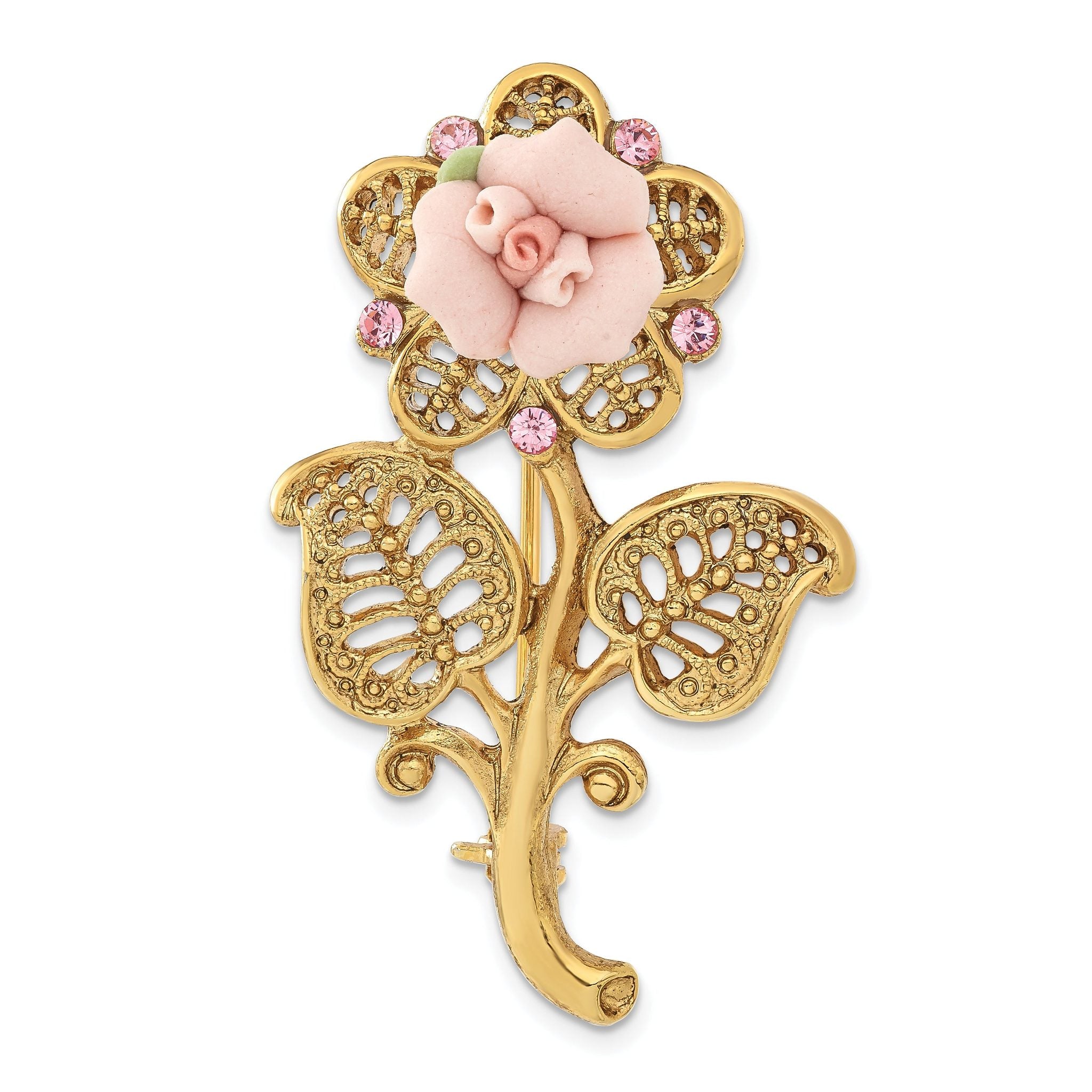 1928 Gold-tone Pink Porcelain Rose and Pink Crystal Flower Pin Brooch Main image