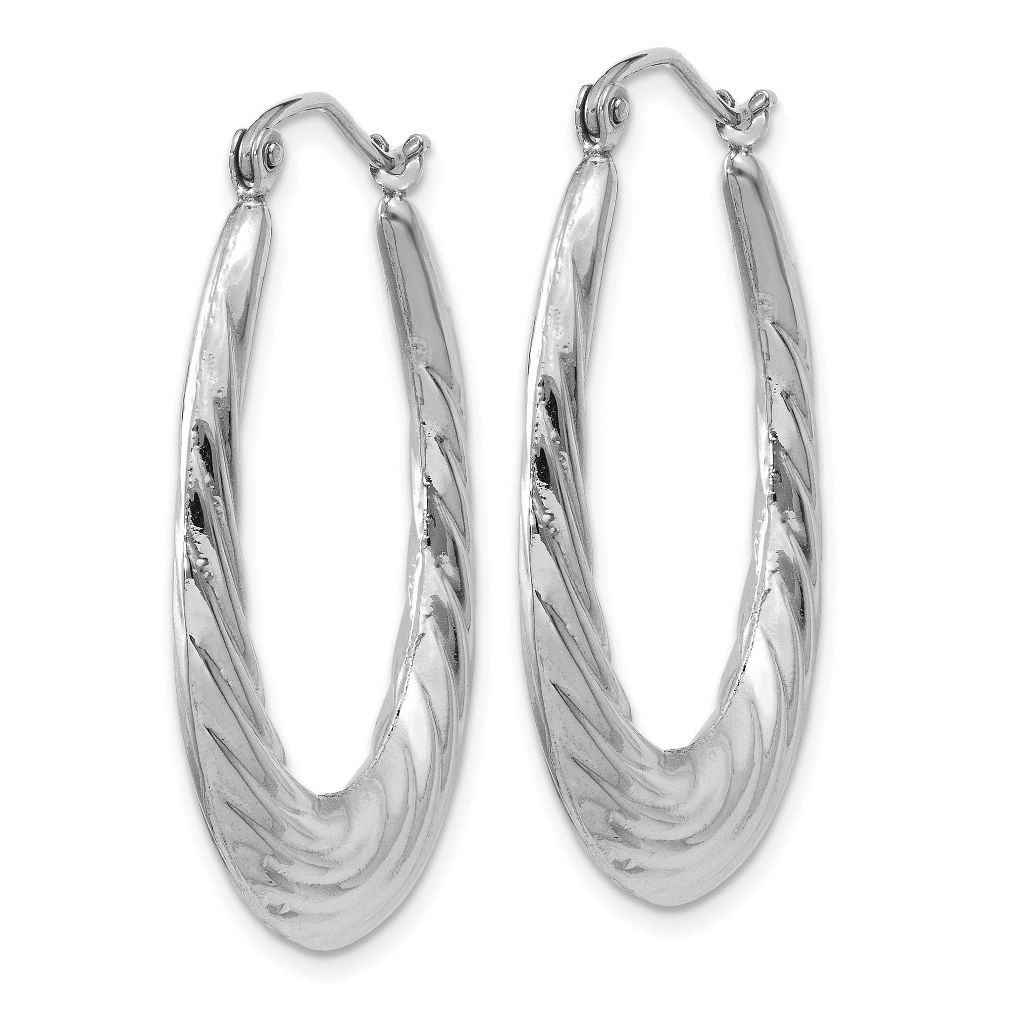 14k White Gold Polished and Textured Oval Hoop Earrings Secondary image