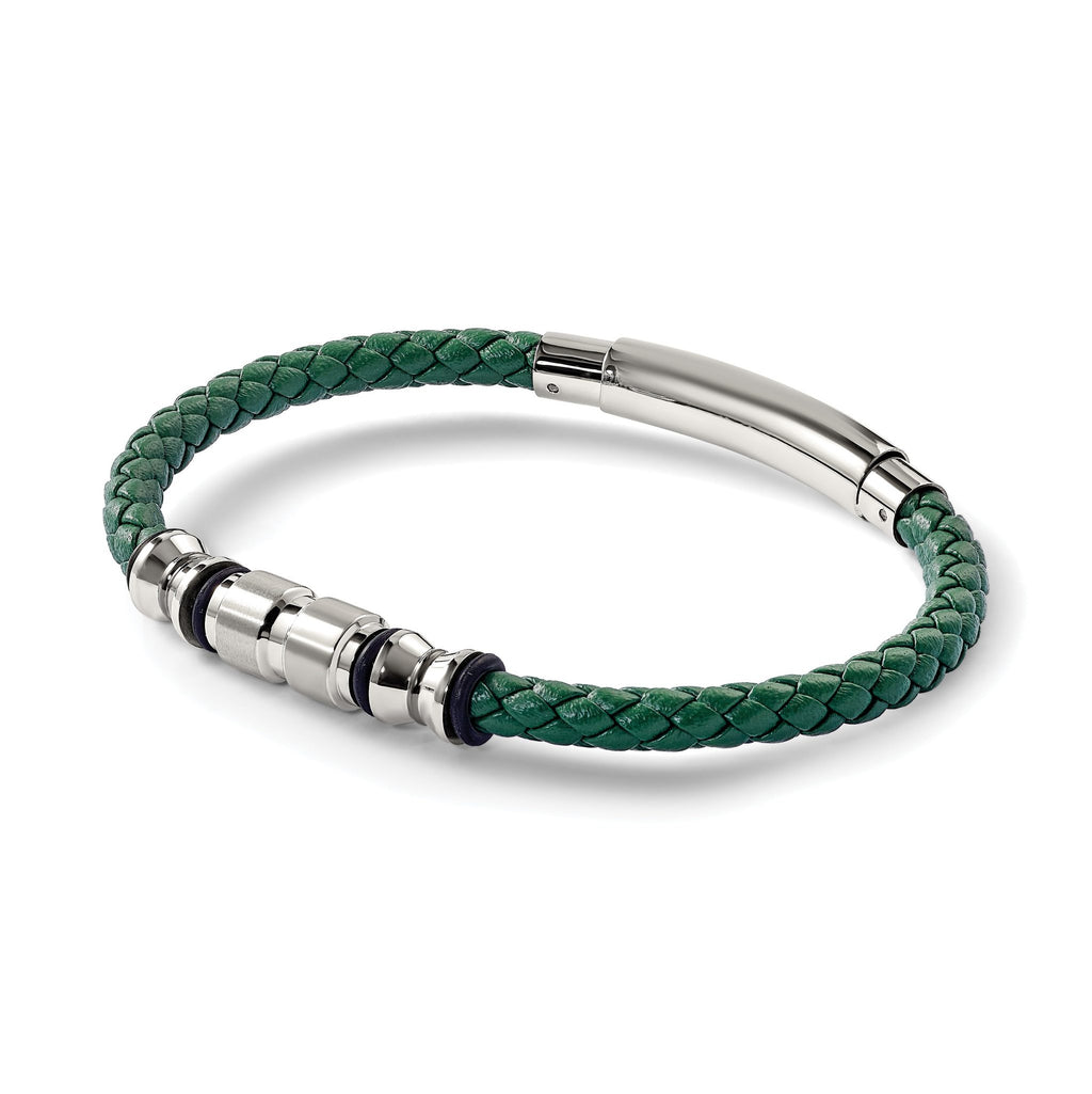 Stainless Steel Brushed and Polished Black IP-plated with Rubber Green Braided Leather Adjustable 7.75 to Bracelet for Men