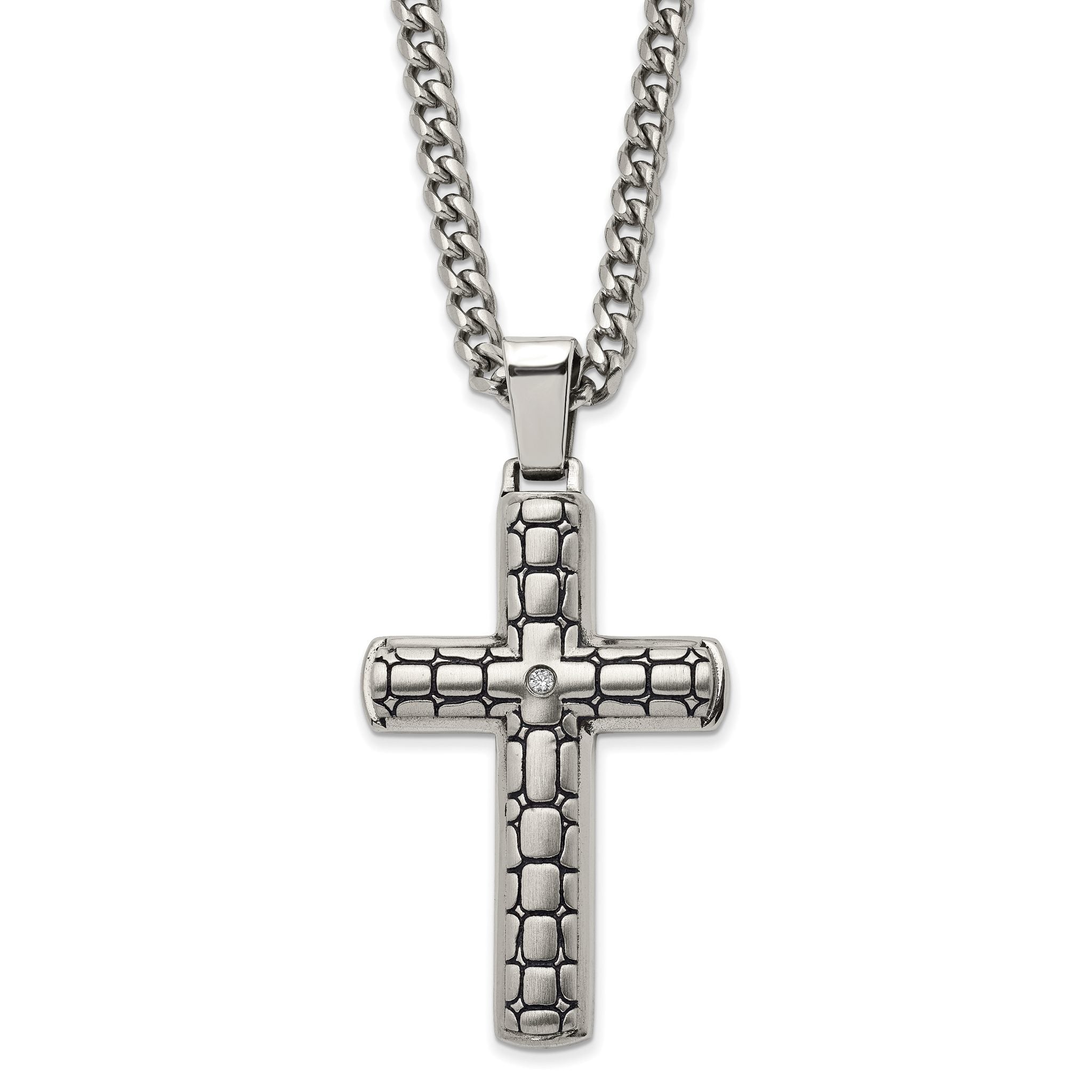 Chisel Stainless Steel Antiqued Brushed and Polished with CZ Cross Pendant on a 24 inch Curb Chain Necklace Main image