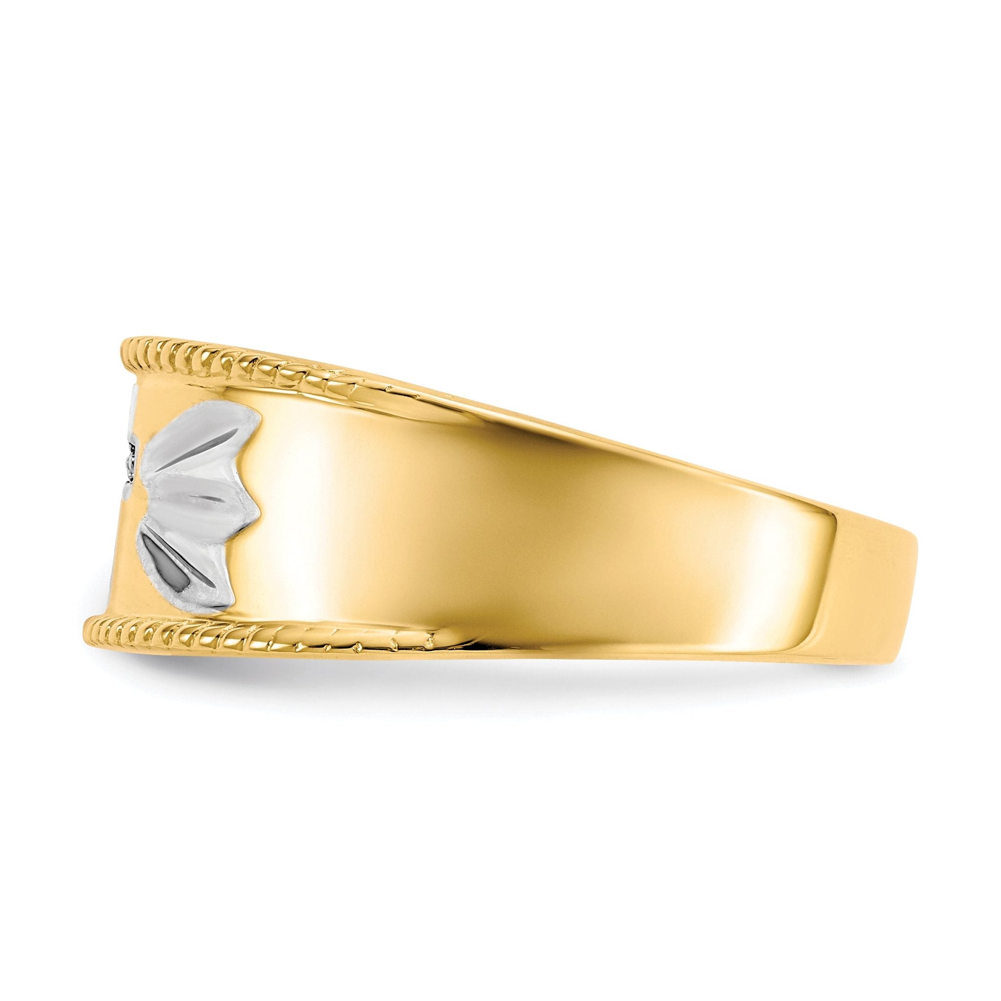10k & Rhodium .01ct. Diamond Trio Men's Cross Wedding Band