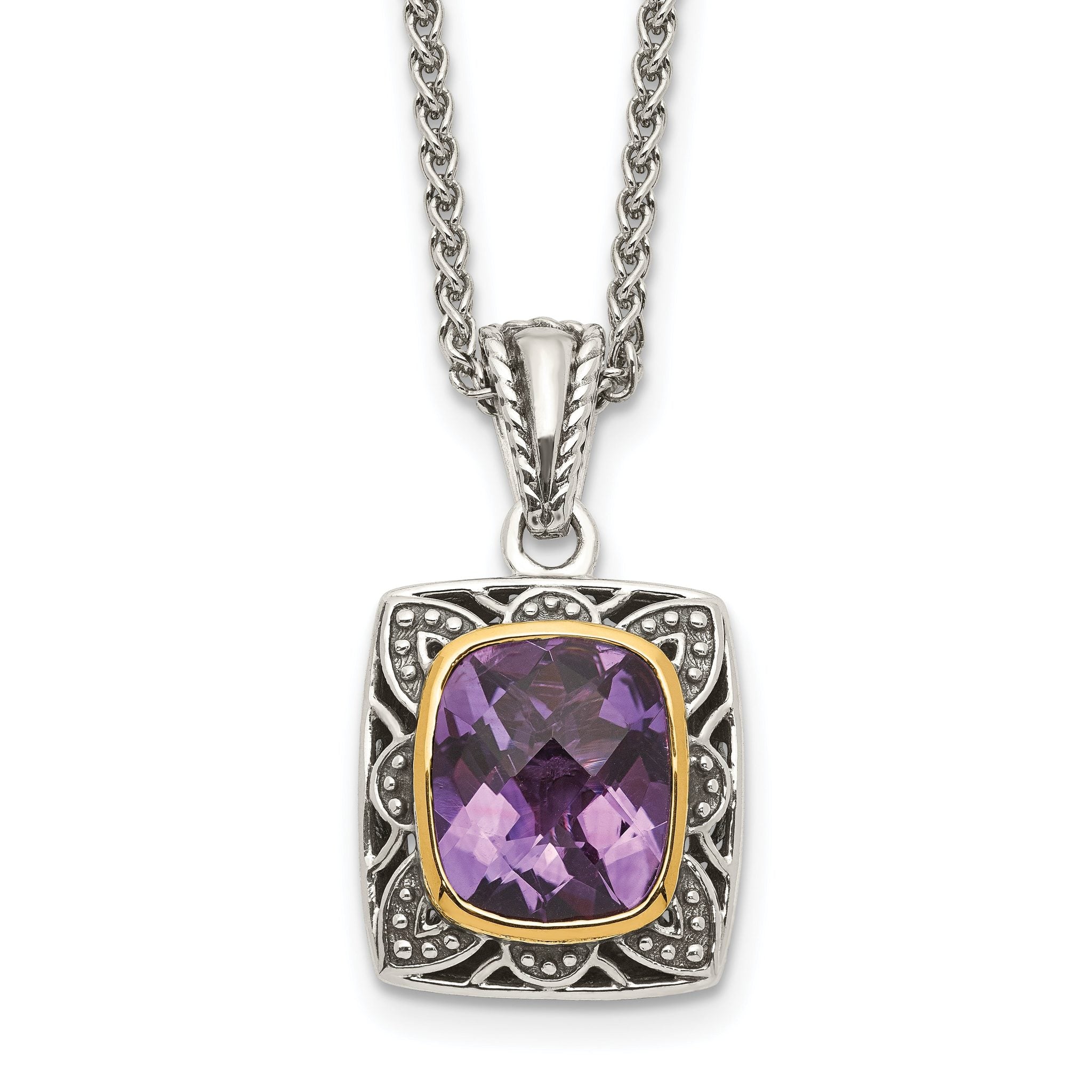 Shey Couture Sterling Silver with 14K Accent 18 Inch Antiqued Checkerboard-cut Cushion Bezel Amethyst Necklace Main image