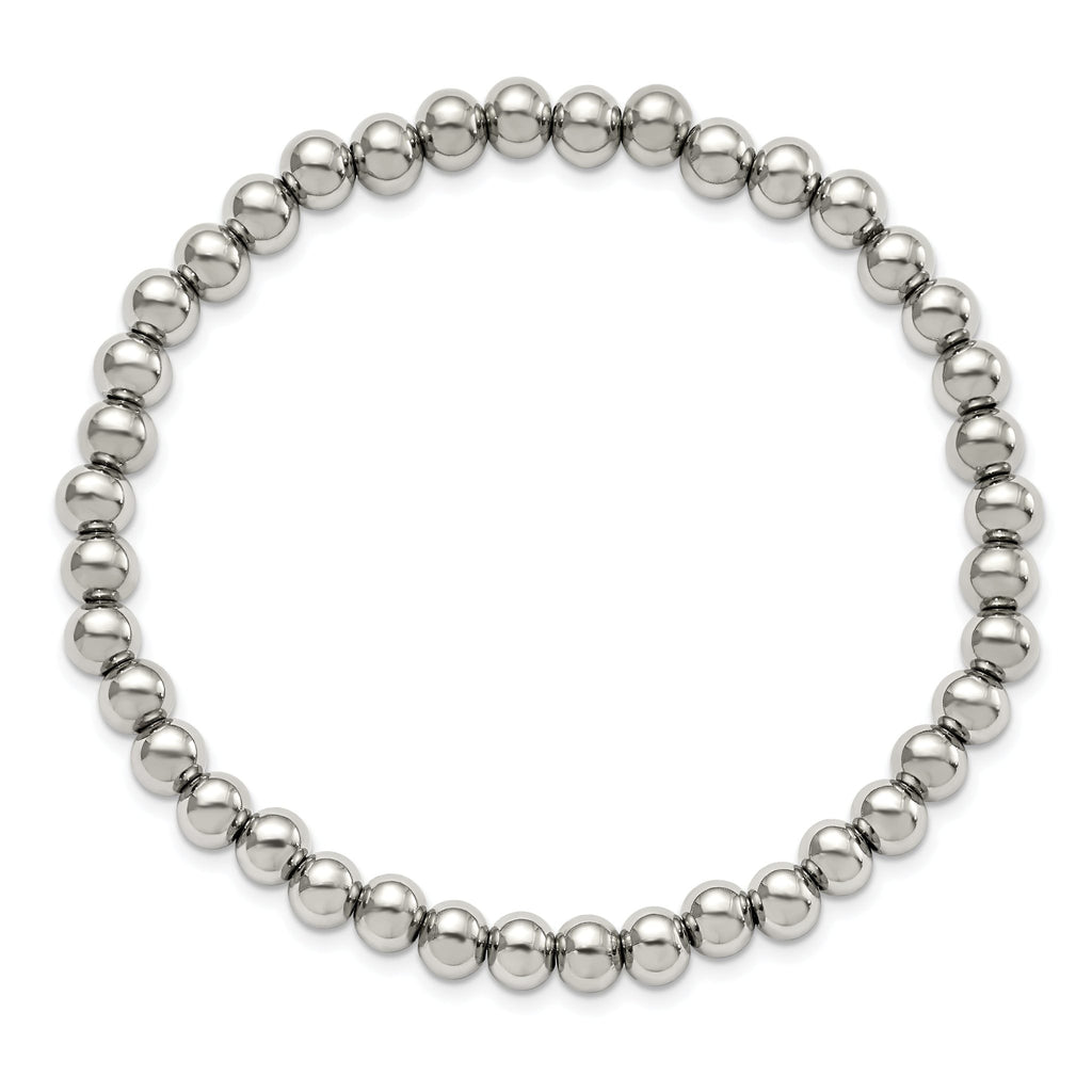 Stainless Steel Polished 6mm Beaded Stretch Bracelet for Women