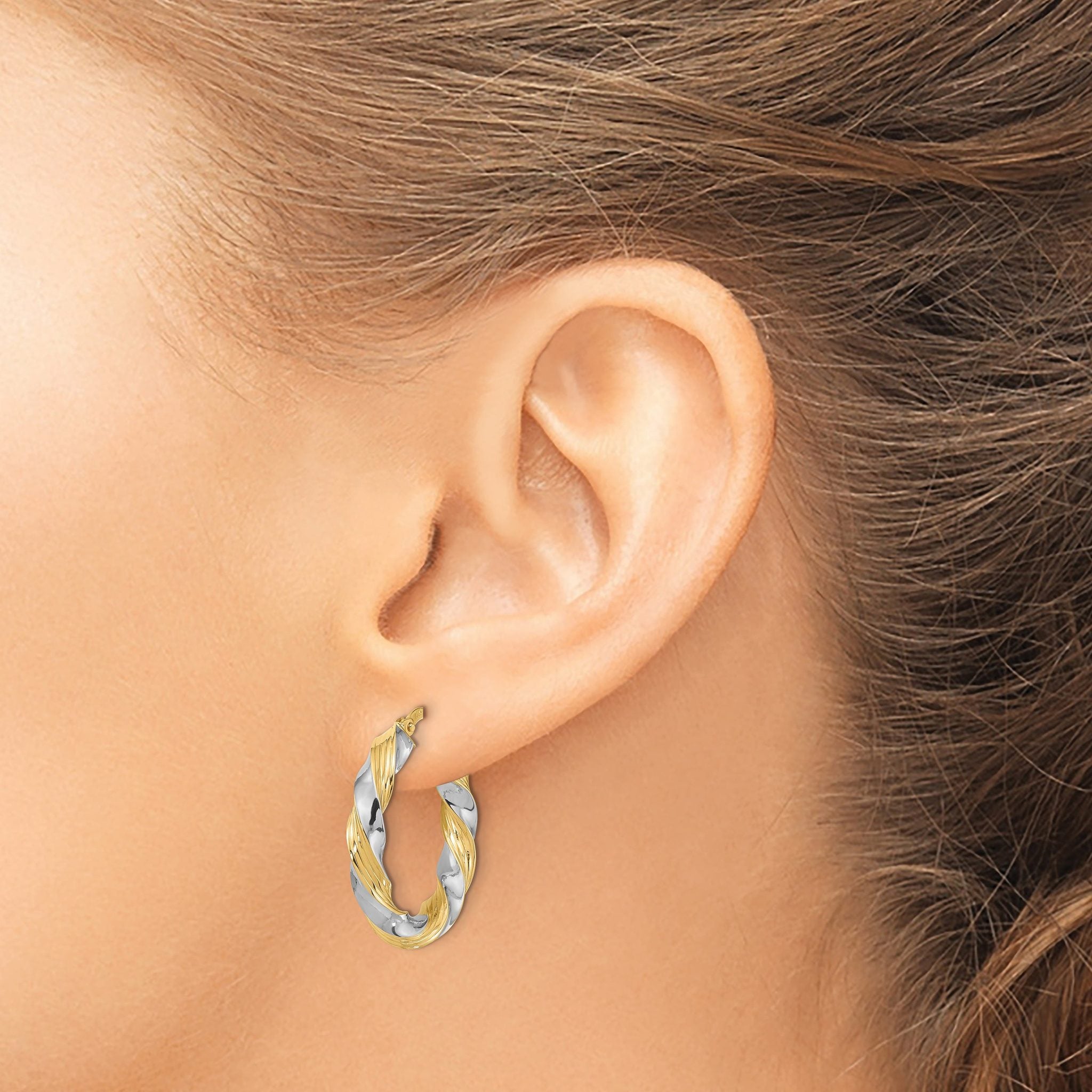 14k w/White Rhodium Polished Twisted Hoop Earrings