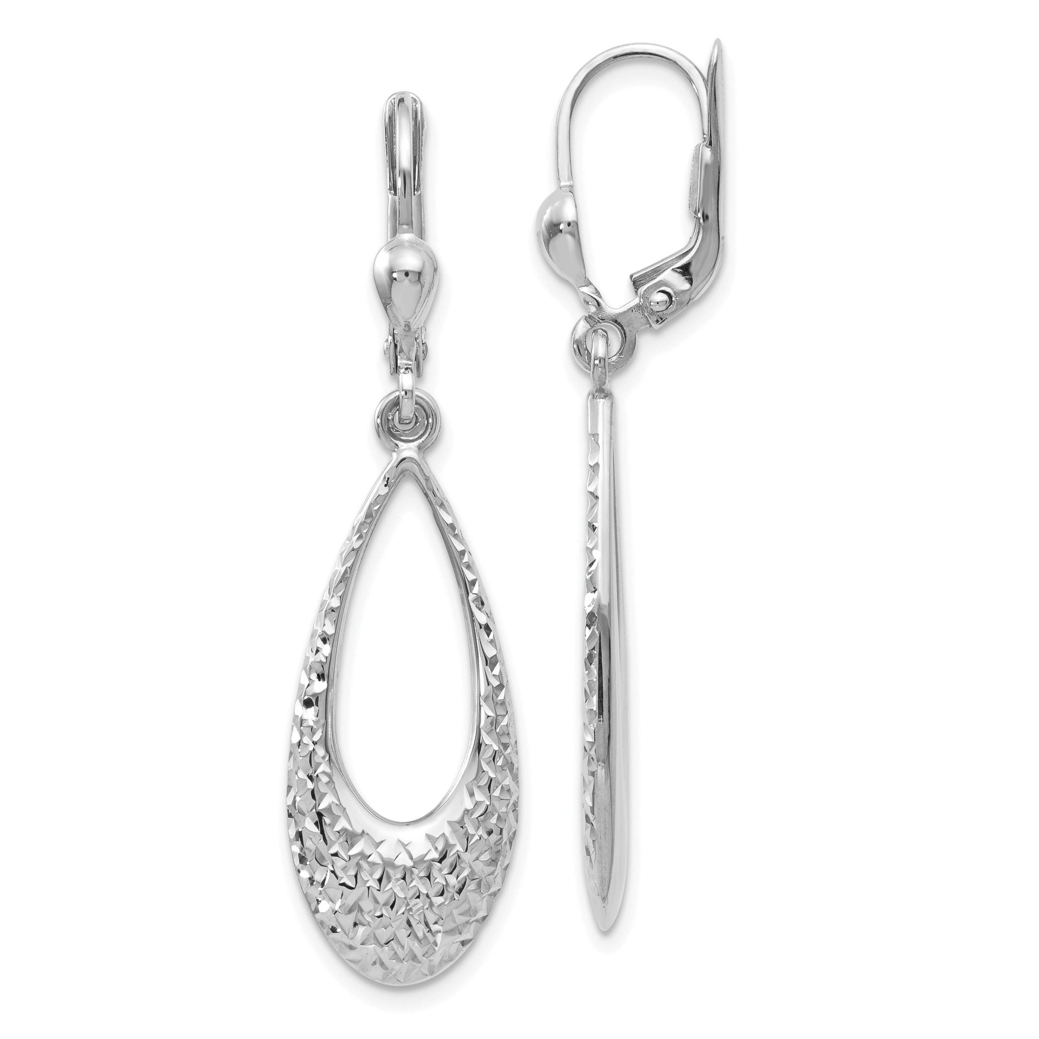 10K White Gold Diamond-Cut Leverback Dangle Earrings with Polished Finish Main image
