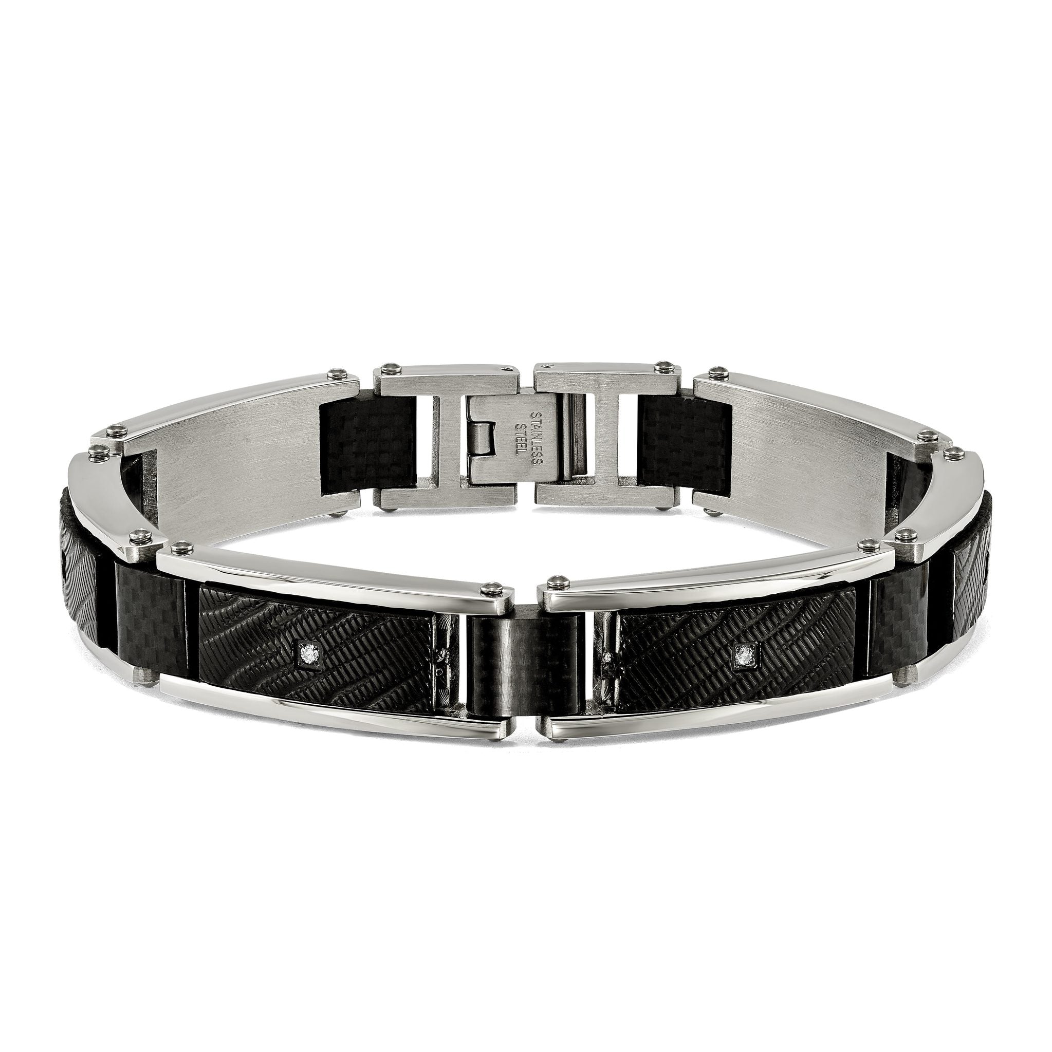 Stainless Steel Polished and Textured Black IP-plated with Cubic Zirconia and Black Carbon Fiber Inlay Link Bracelet for Men Secondary image
