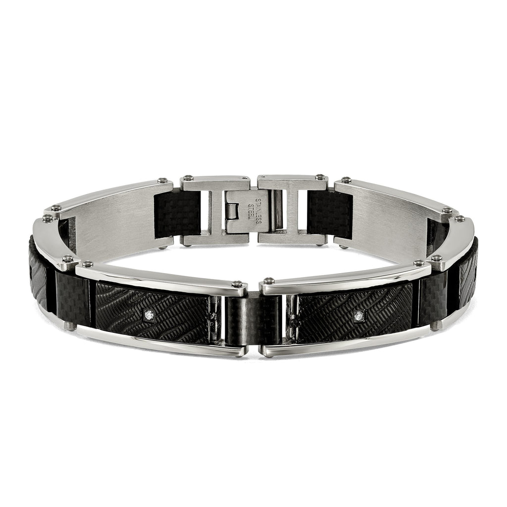 Stainless Steel Polished and Textured Black IP-plated with Cubic Zirconia and Black Carbon Fiber Inlay Link Bracelet for Men