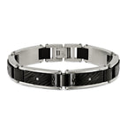 Stainless Steel Polished and Textured Black IP-plated with Cubic Zirconia and Black Carbon Fiber Inlay Link Bracelet for Men