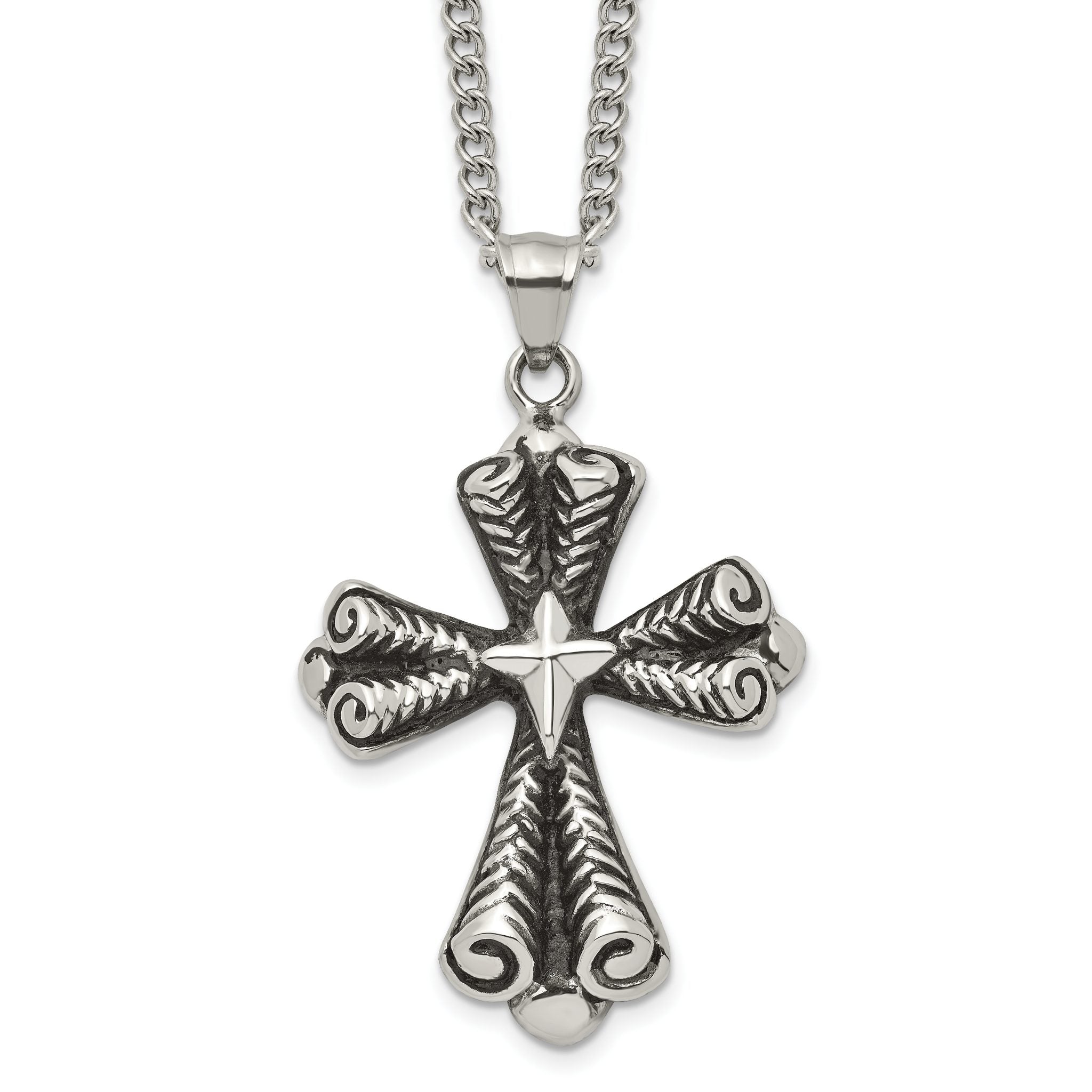Stainless Steel Antiqued Polished and Textured Cross 24in Necklace Main image
