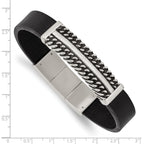 Stainless Steel Antiqued and Polished Black Leather with . extension Bracelet
