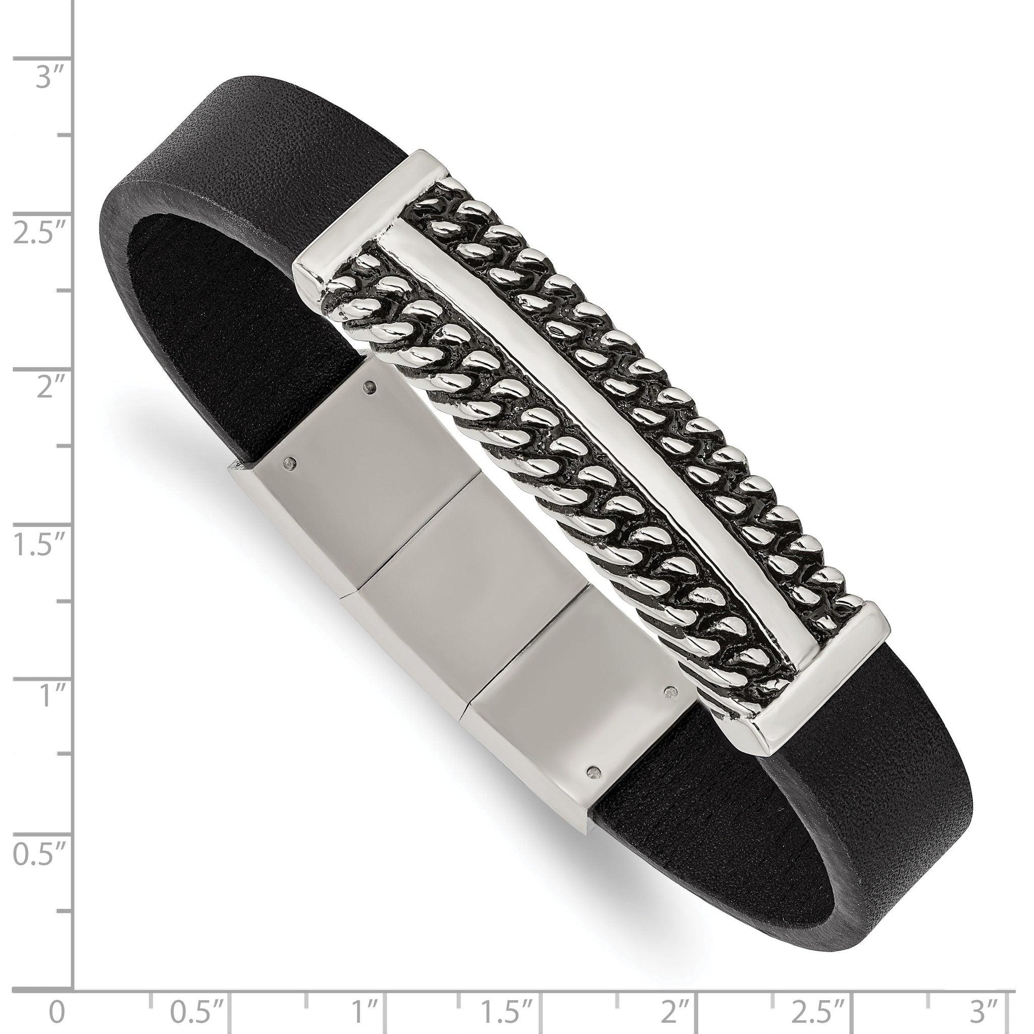 Stainless Steel Antiqued and Polished Black Leather with . extension Bracelet