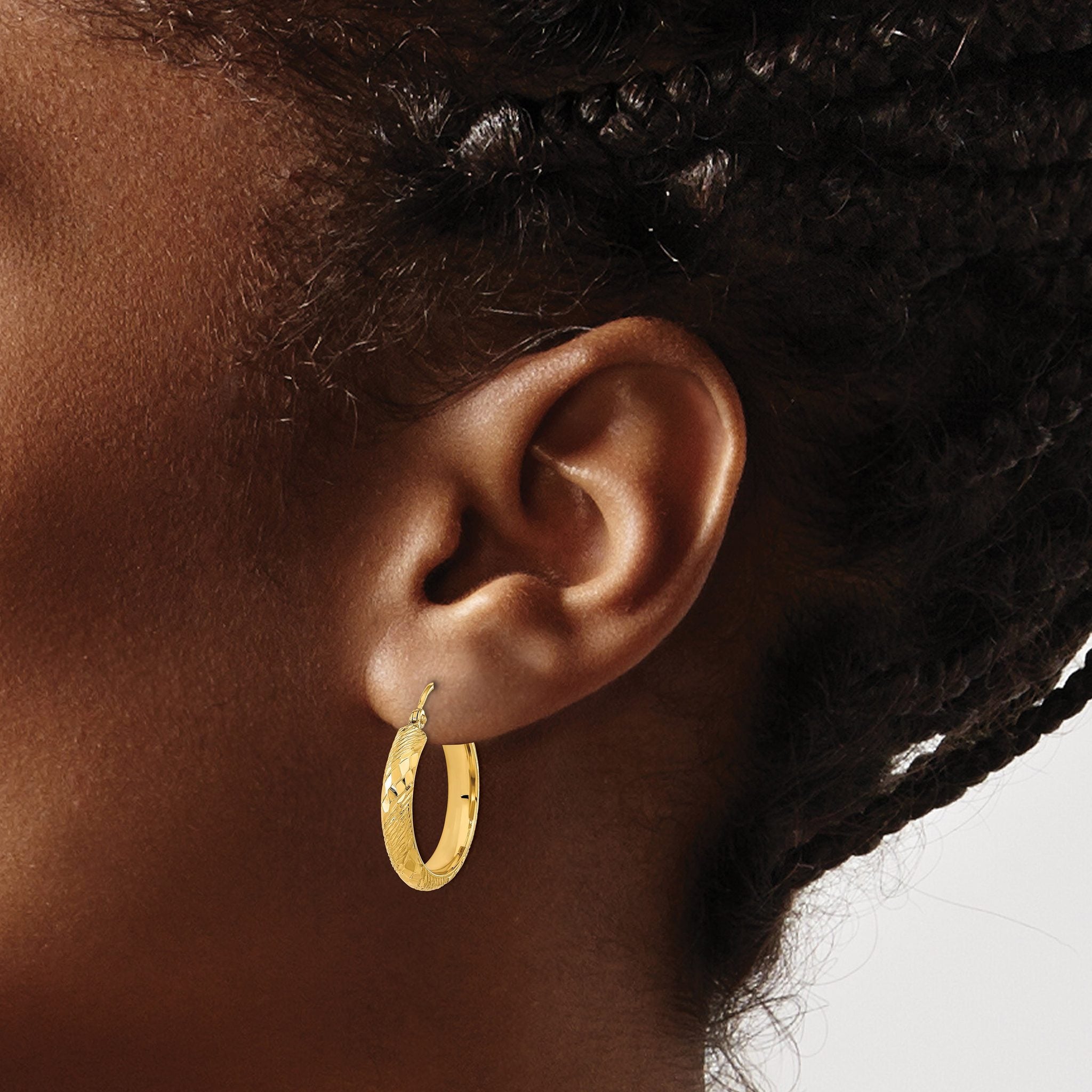14K Polished and Textured D/C Fancy Pattern Hoop Earrings