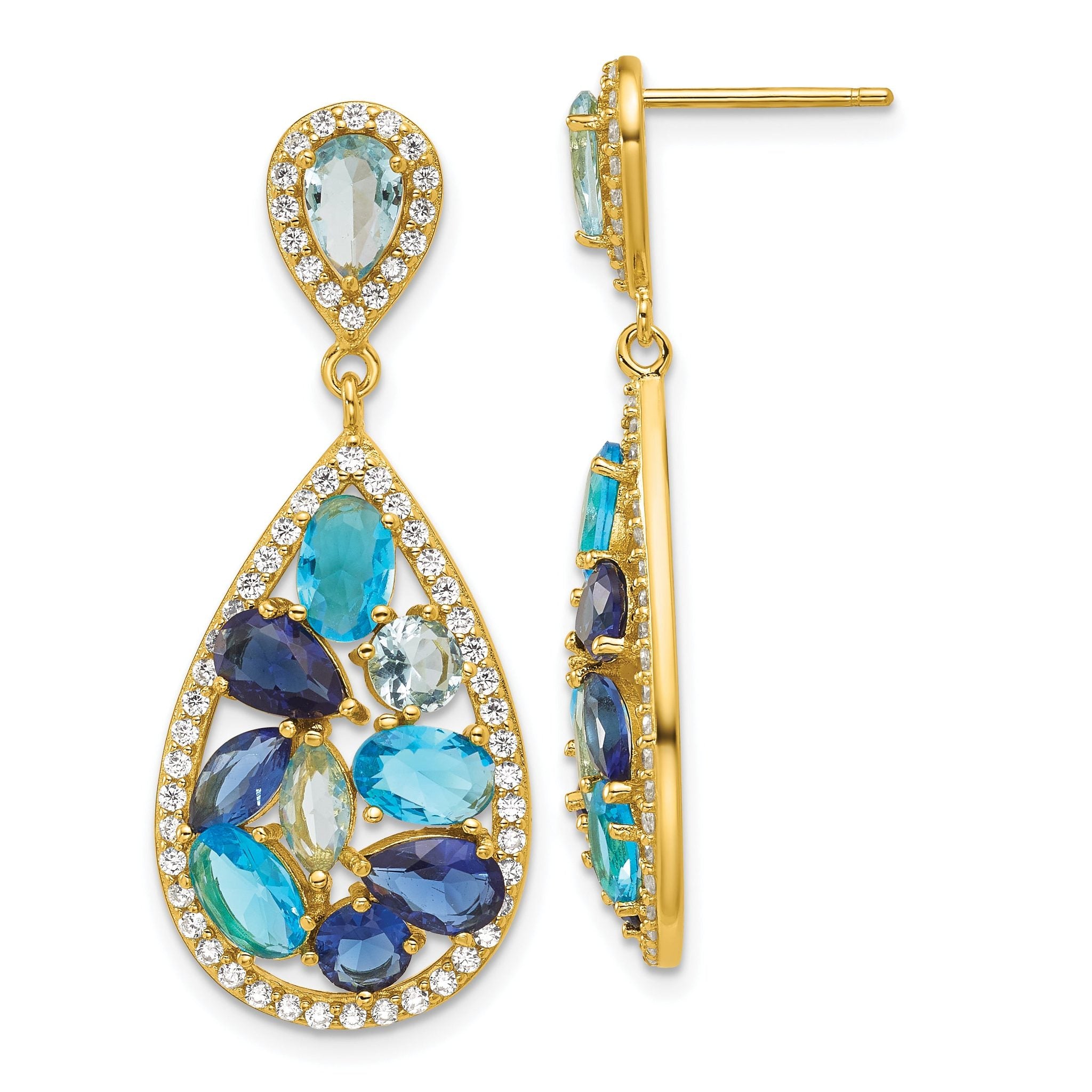 Cheryl M Sterling Silver Gold-plated Polished Blue Glass and CZ Fancy Teardrop Post Dangle Earrings Main image
