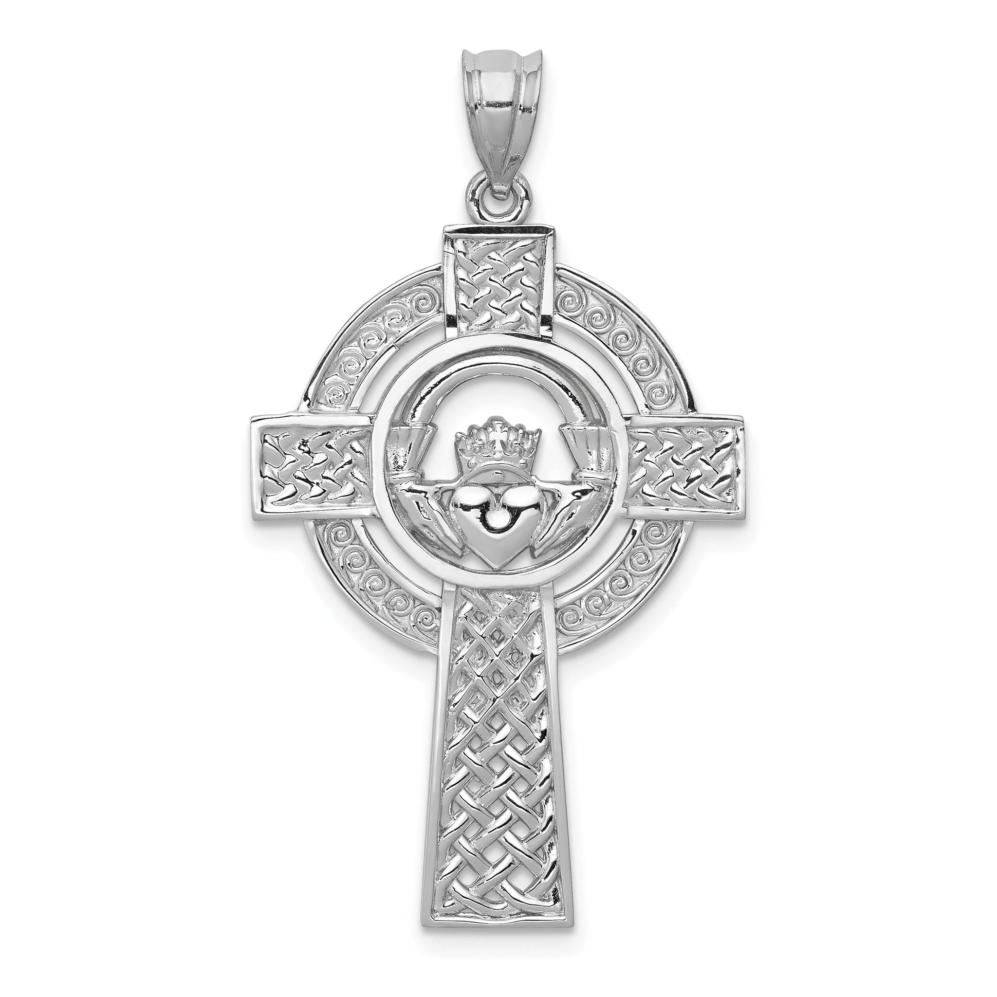14K White Gold Celtic Claddagh Cross Pendant with Rhodium Finish Main image