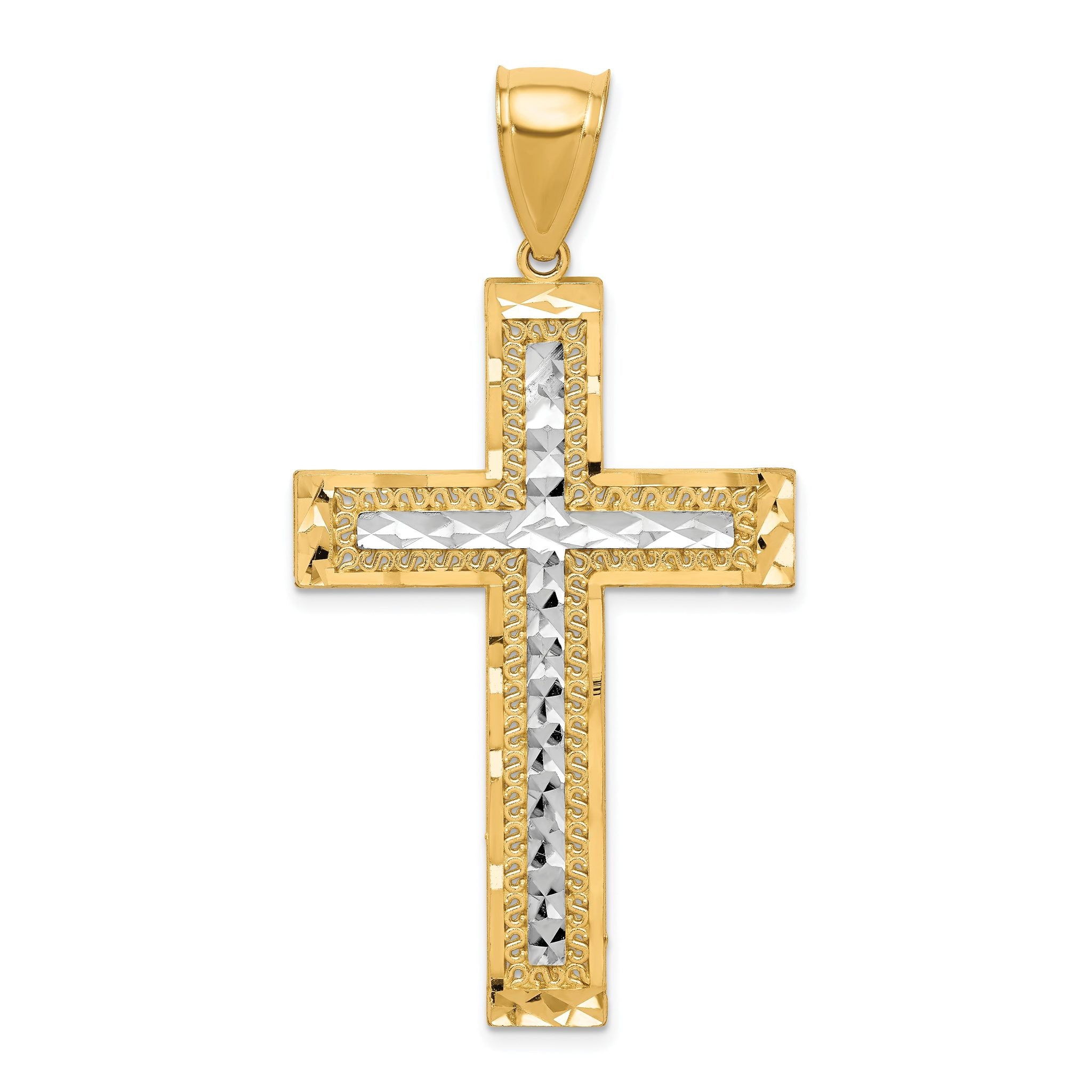 10K Gold Rhodium-Accented Diamond-Cut Cross Pendant with Polished Finish Main image