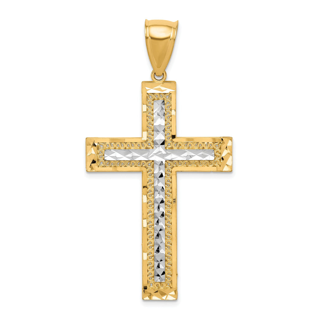 10K Gold Rhodium-Accented Diamond-Cut Cross Pendant with Polished Finish